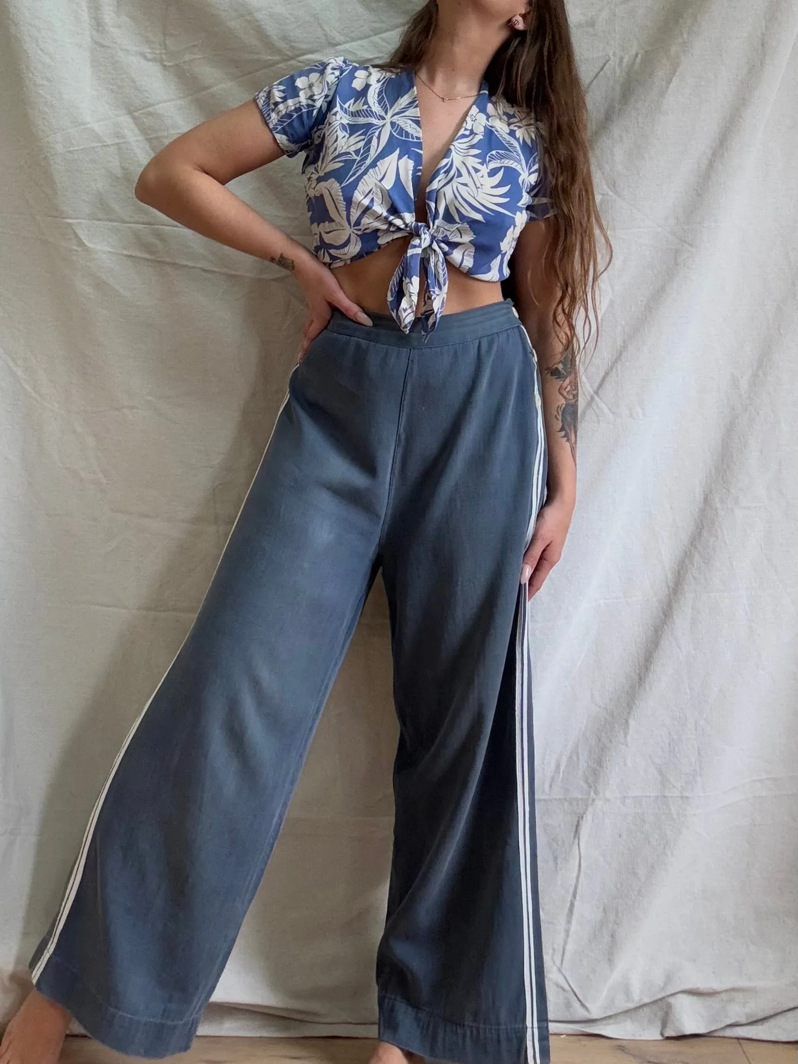 1930s Indigo Side Button Cotton Twill Pants