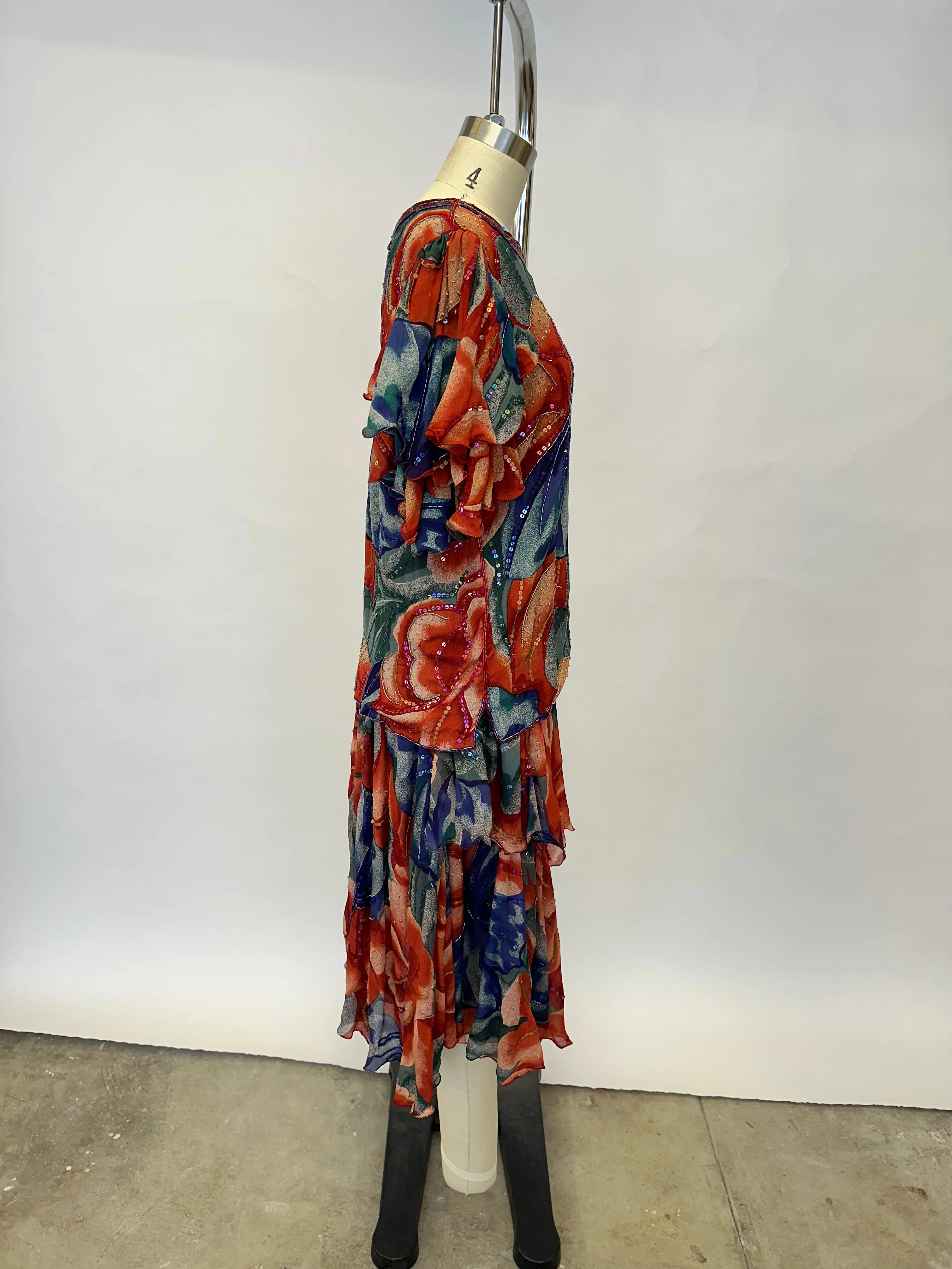 1990s Chiffon Floral Sequin Skirt Set