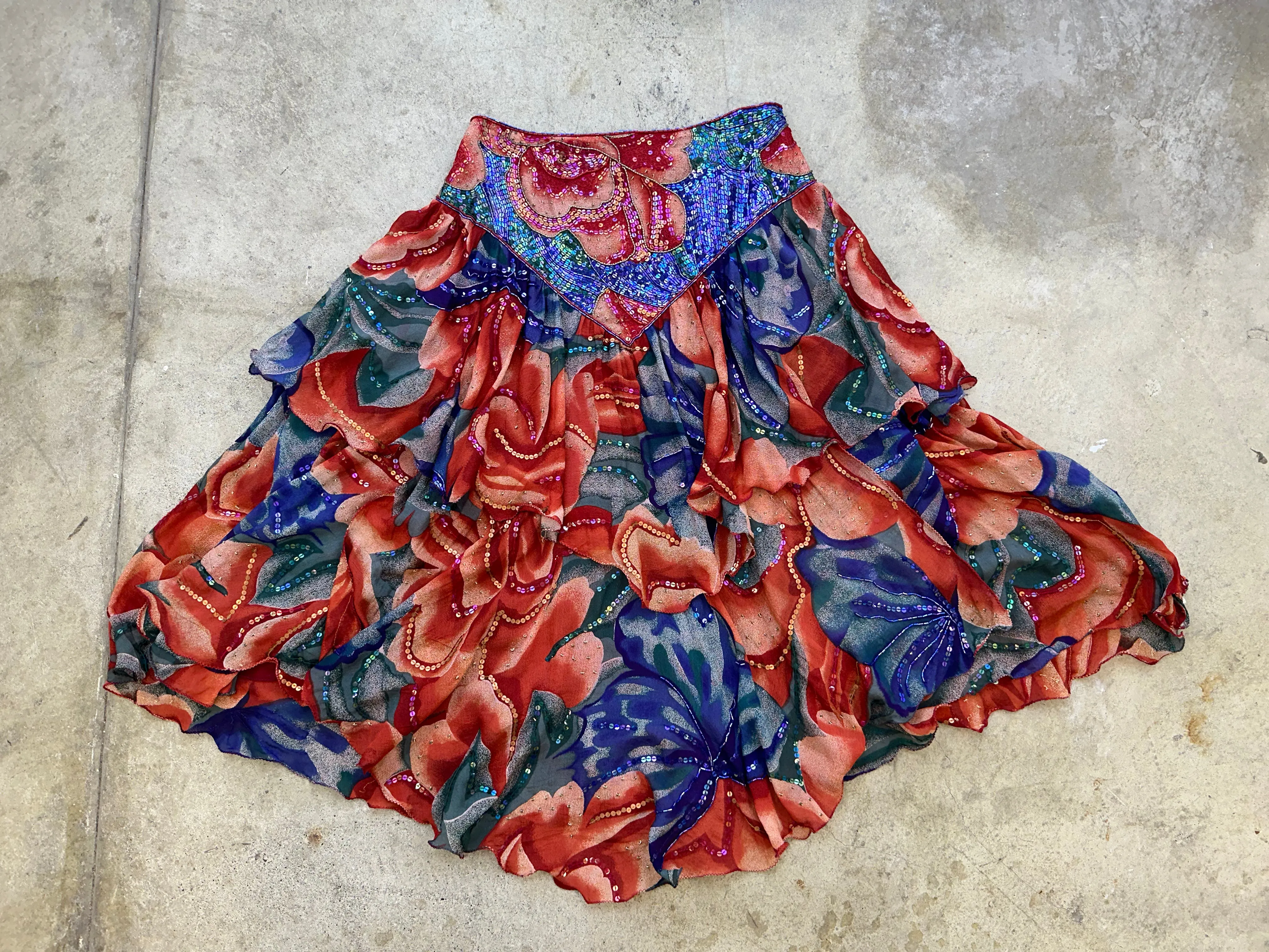 1990s Chiffon Floral Sequin Skirt Set