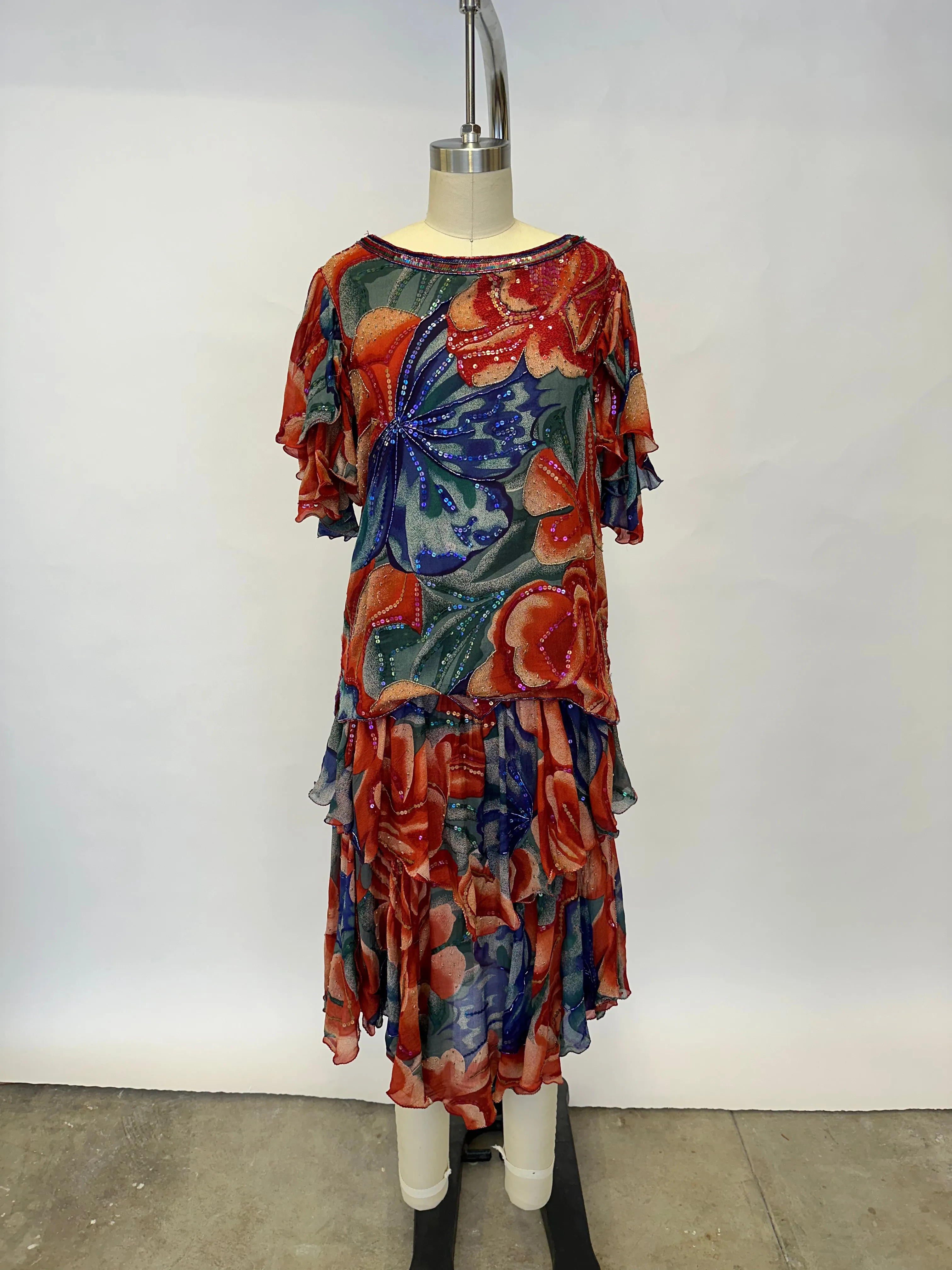 1990s Chiffon Floral Sequin Skirt Set