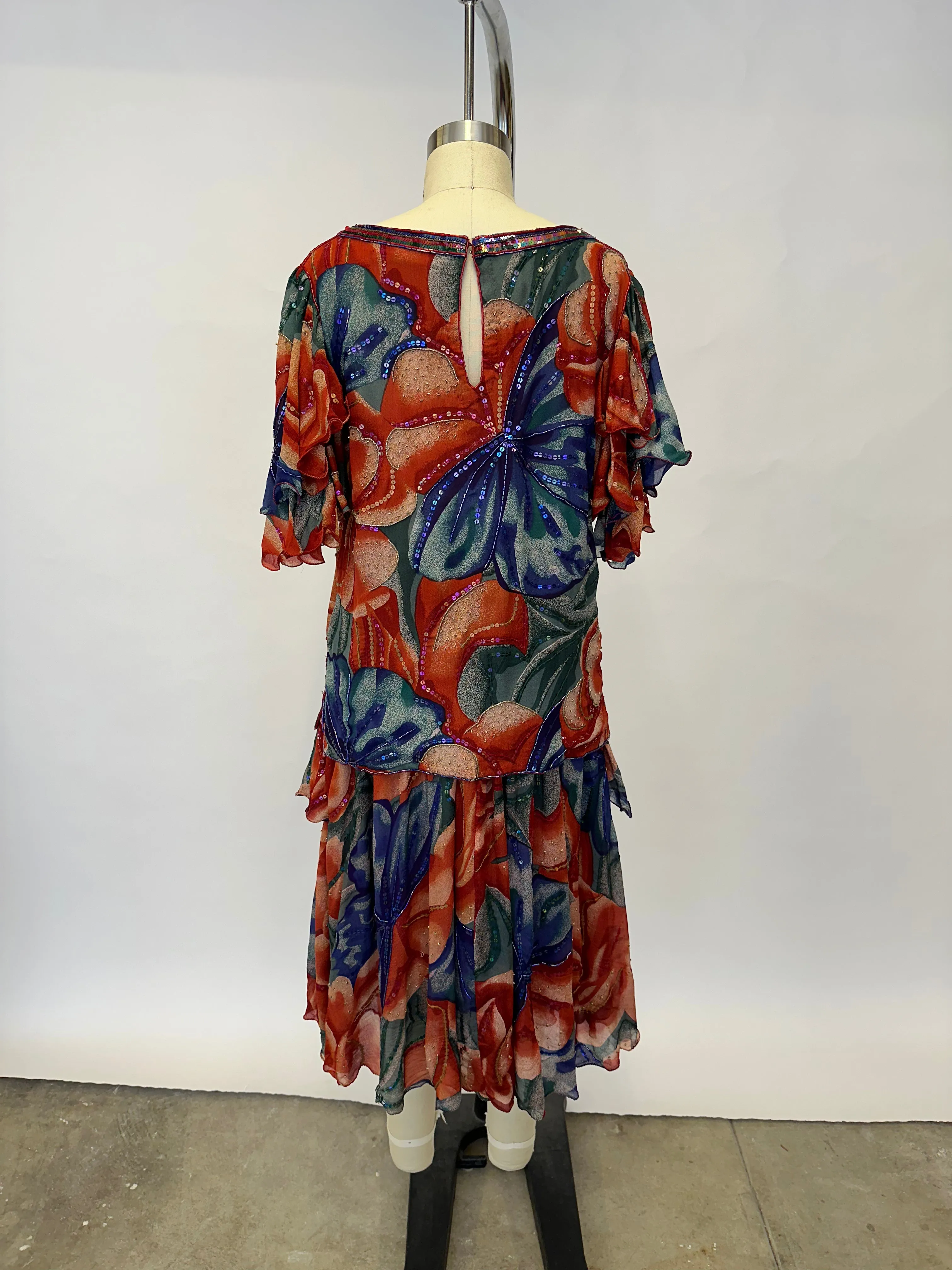 1990s Chiffon Floral Sequin Skirt Set