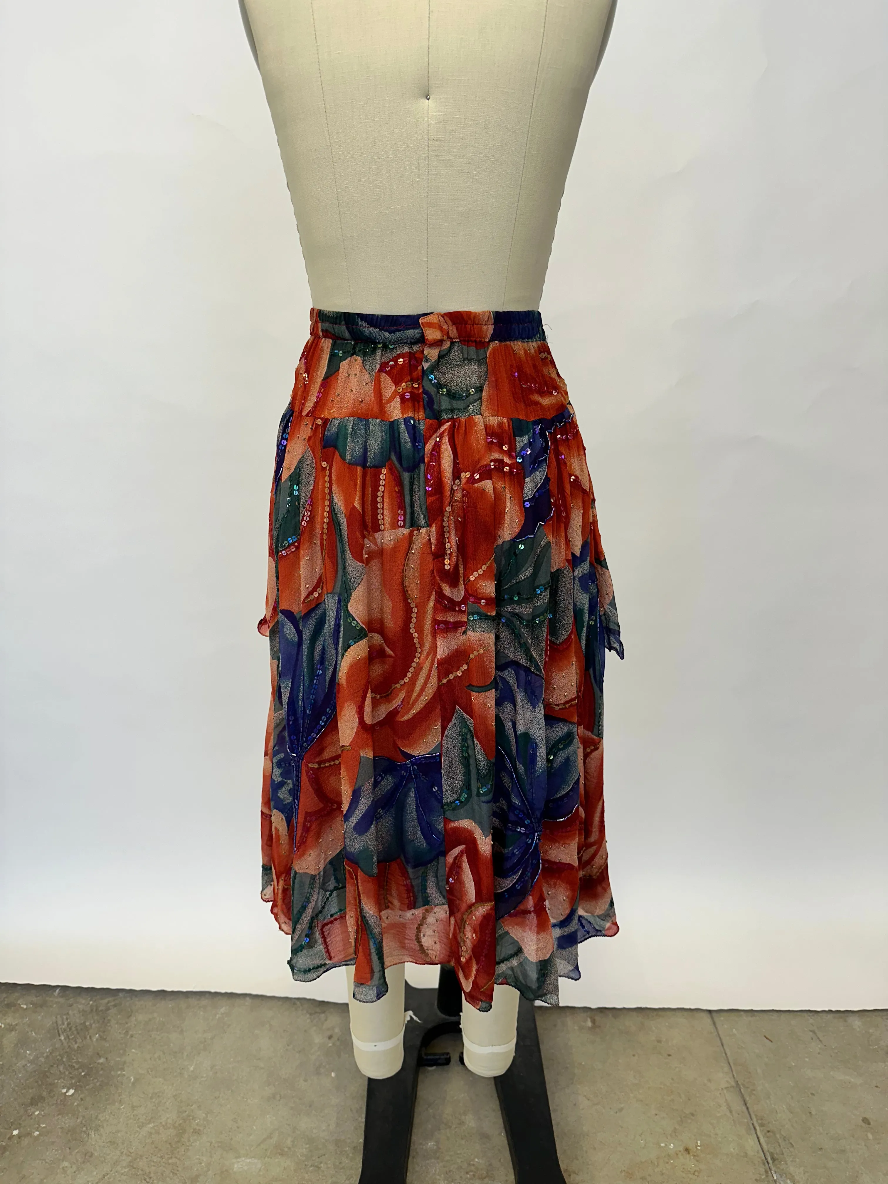 1990s Chiffon Floral Sequin Skirt Set
