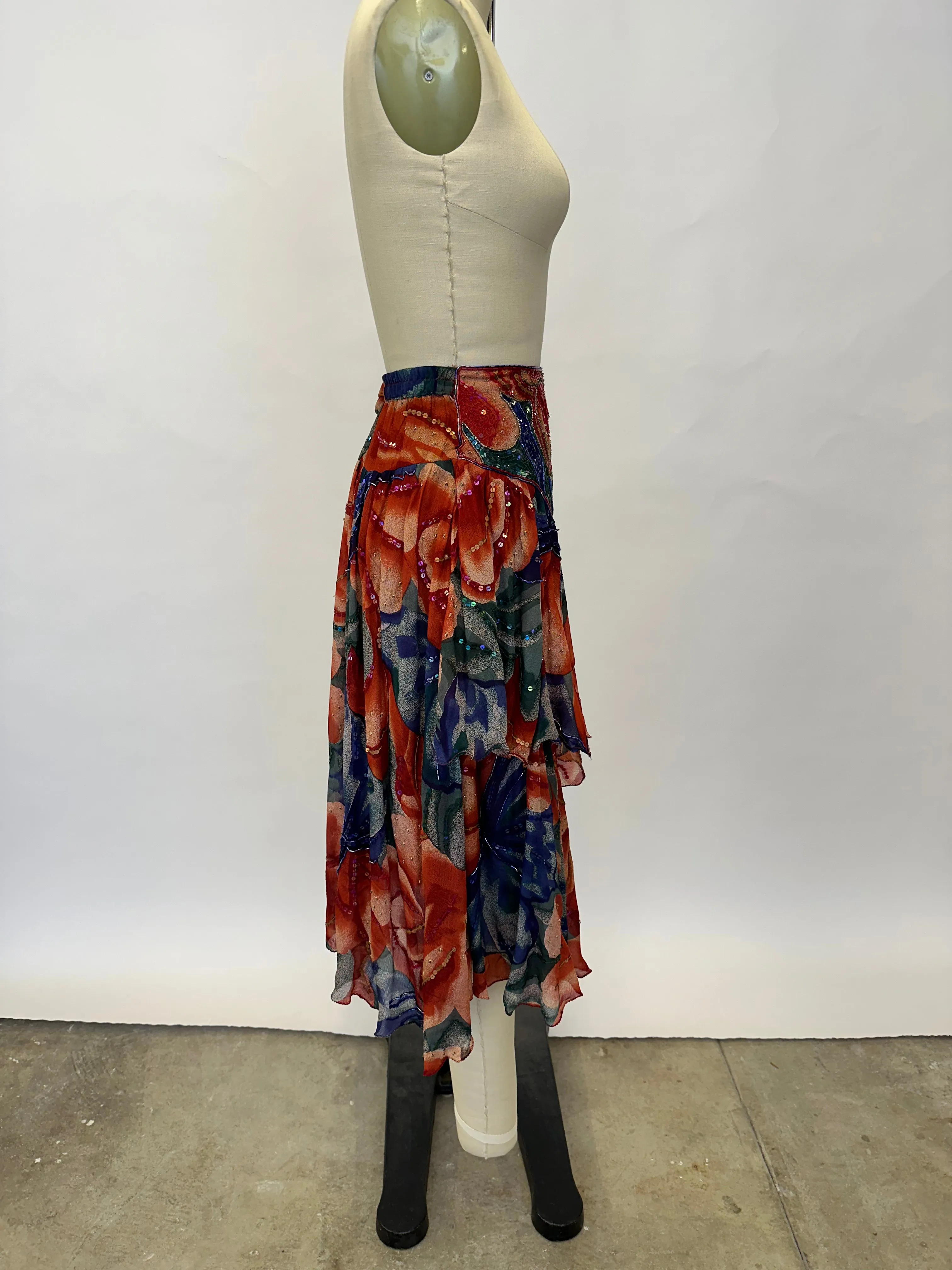 1990s Chiffon Floral Sequin Skirt Set