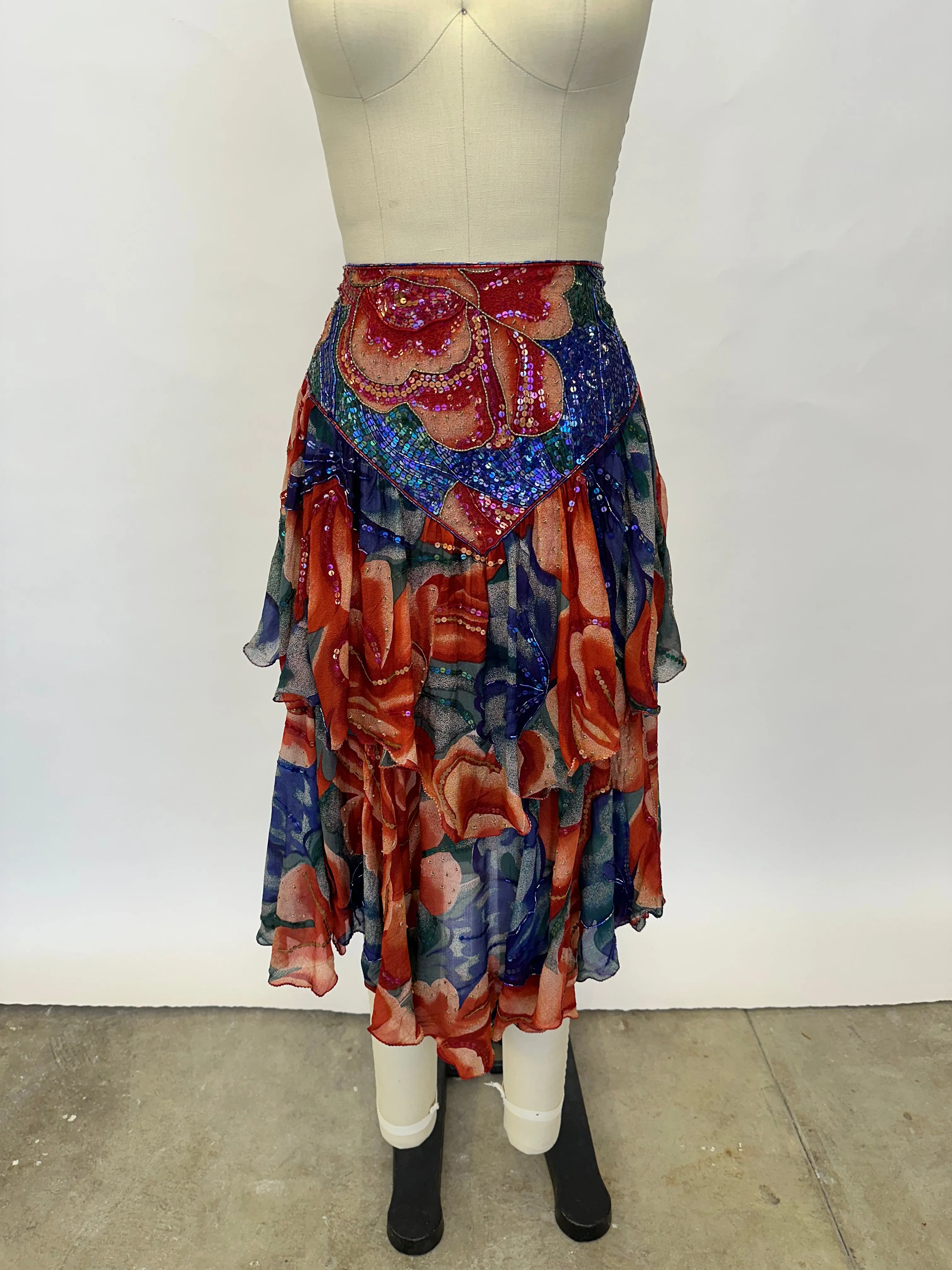 1990s Chiffon Floral Sequin Skirt Set