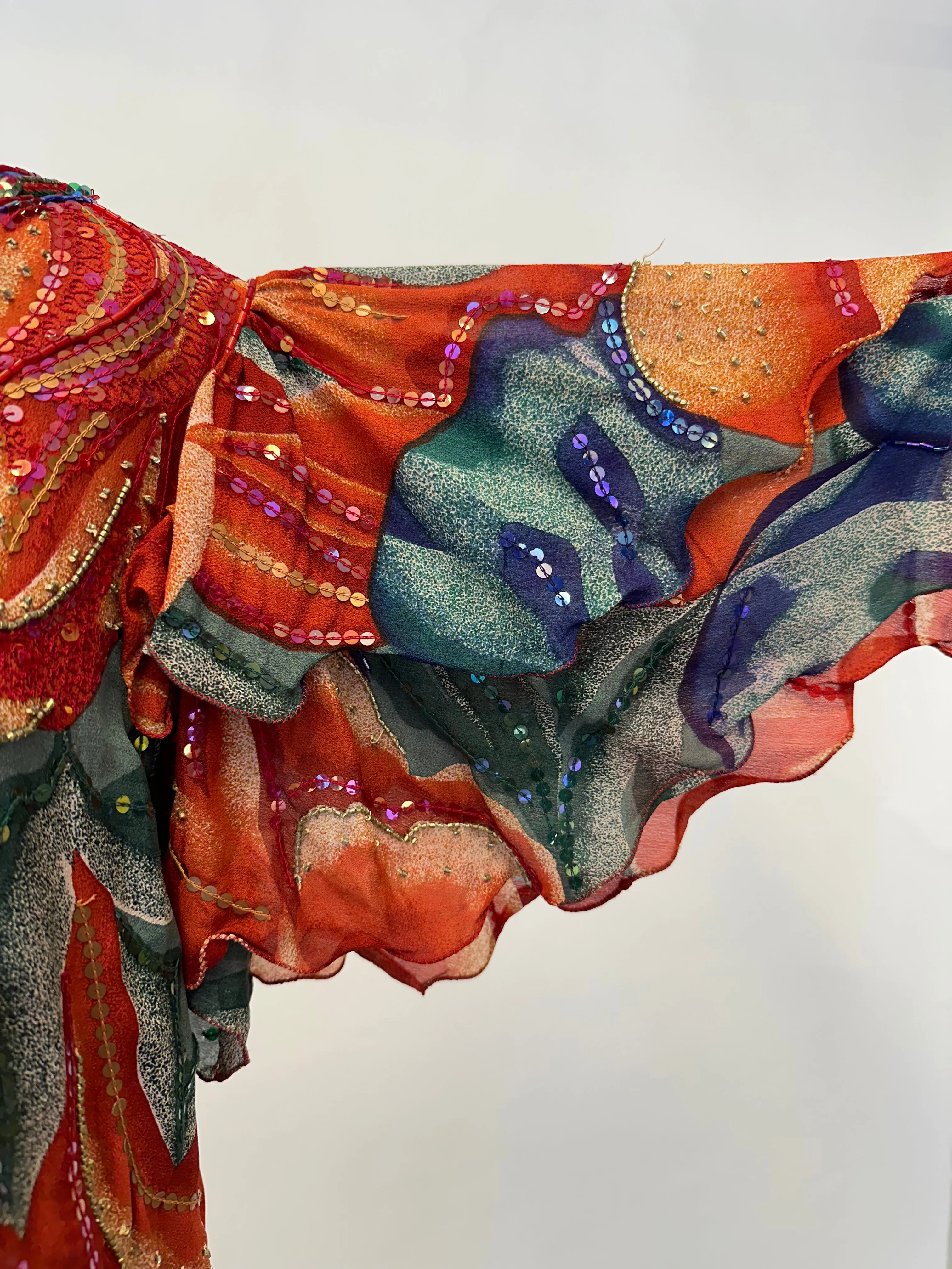 1990s Chiffon Floral Sequin Skirt Set