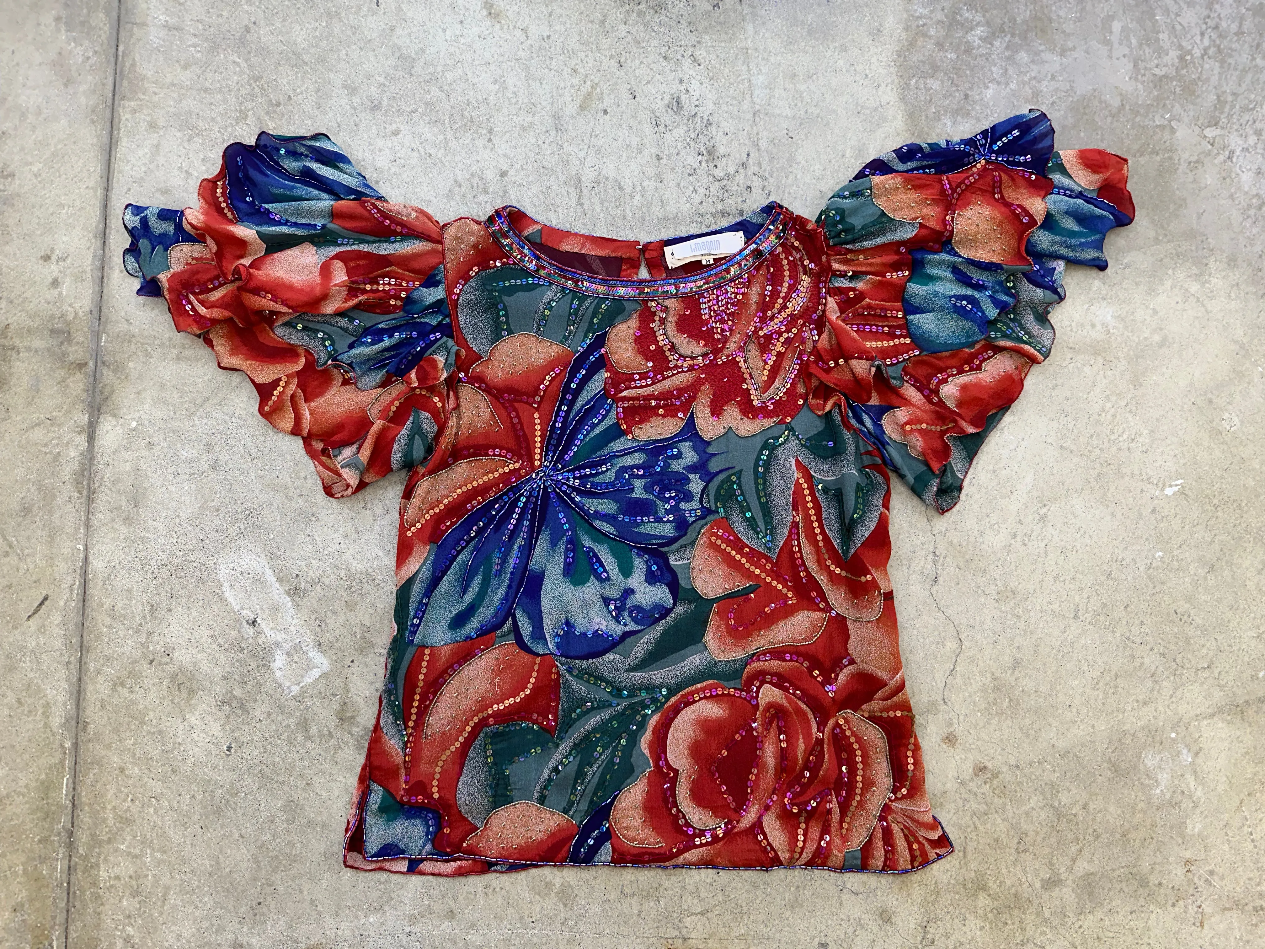 1990s Chiffon Floral Sequin Skirt Set