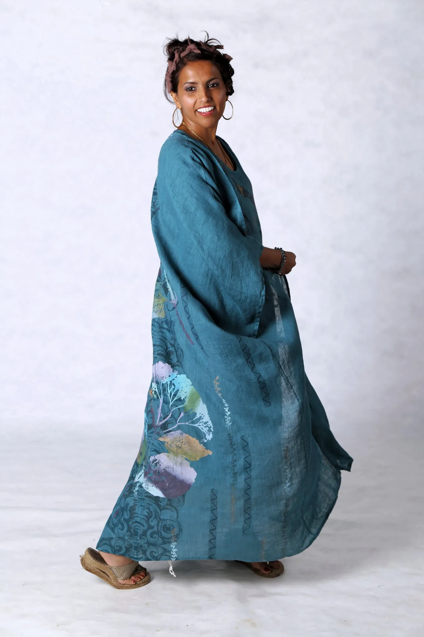 5267 Long Kimono Duster-Teal-Painted Pastel Floral