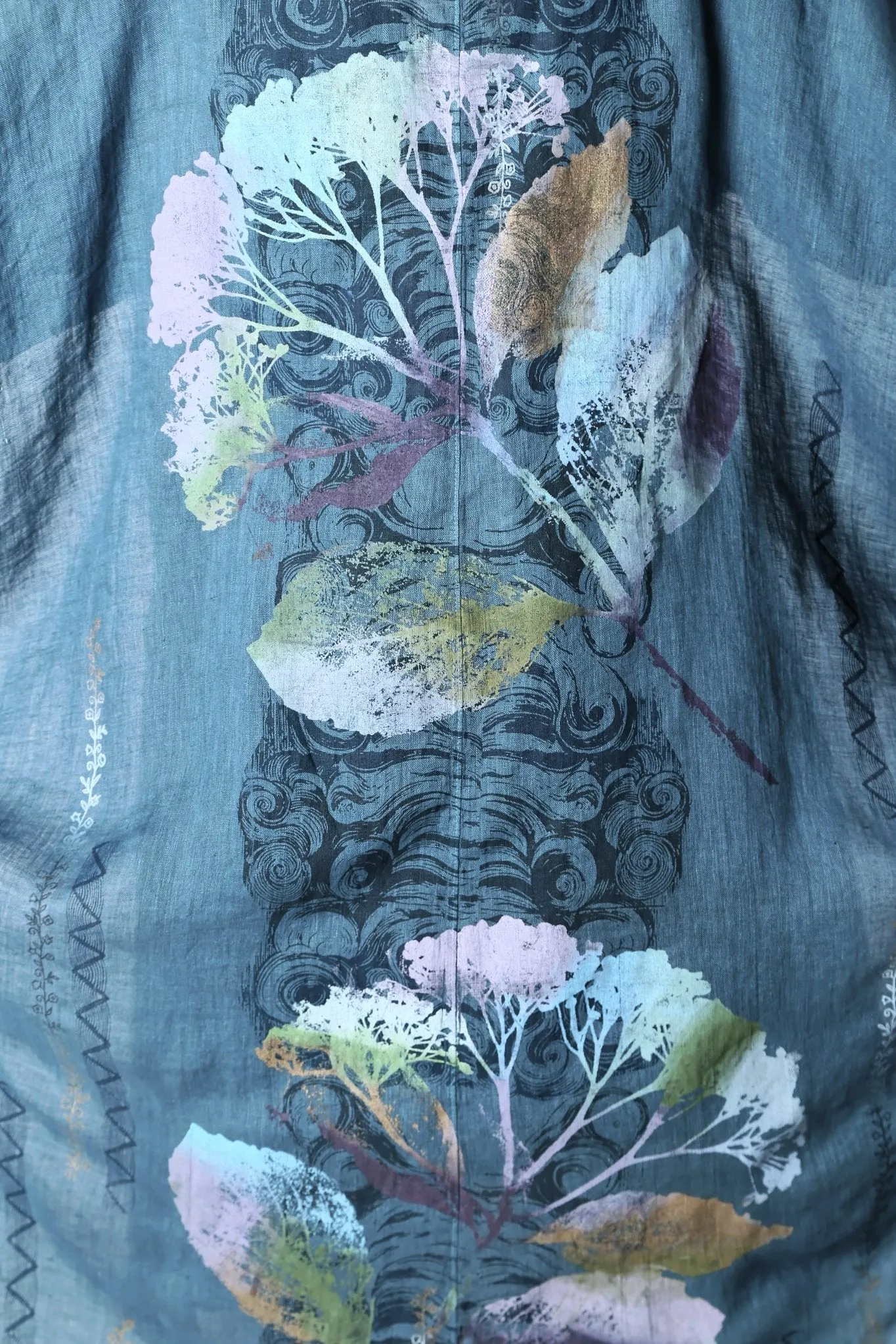 5267 Long Kimono Duster-Teal-Painted Pastel Floral