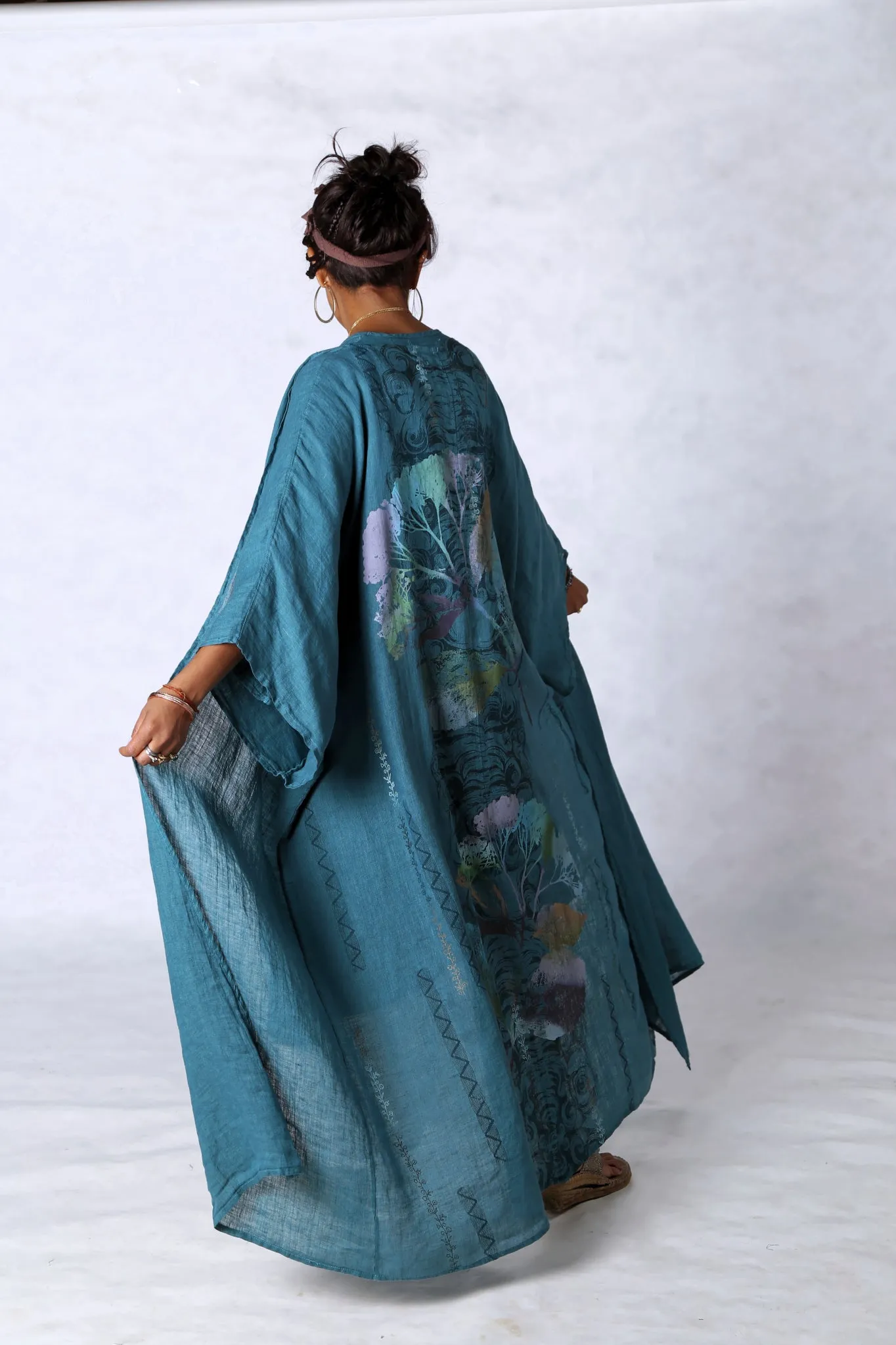 5267 Long Kimono Duster-Teal-Painted Pastel Floral
