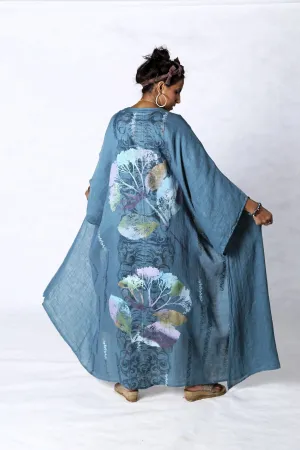 5267 Long Kimono Duster-Teal-Painted Pastel Floral
