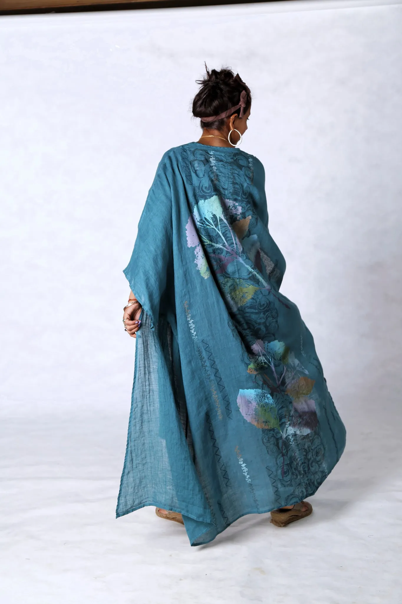 5267 Long Kimono Duster-Teal-Painted Pastel Floral