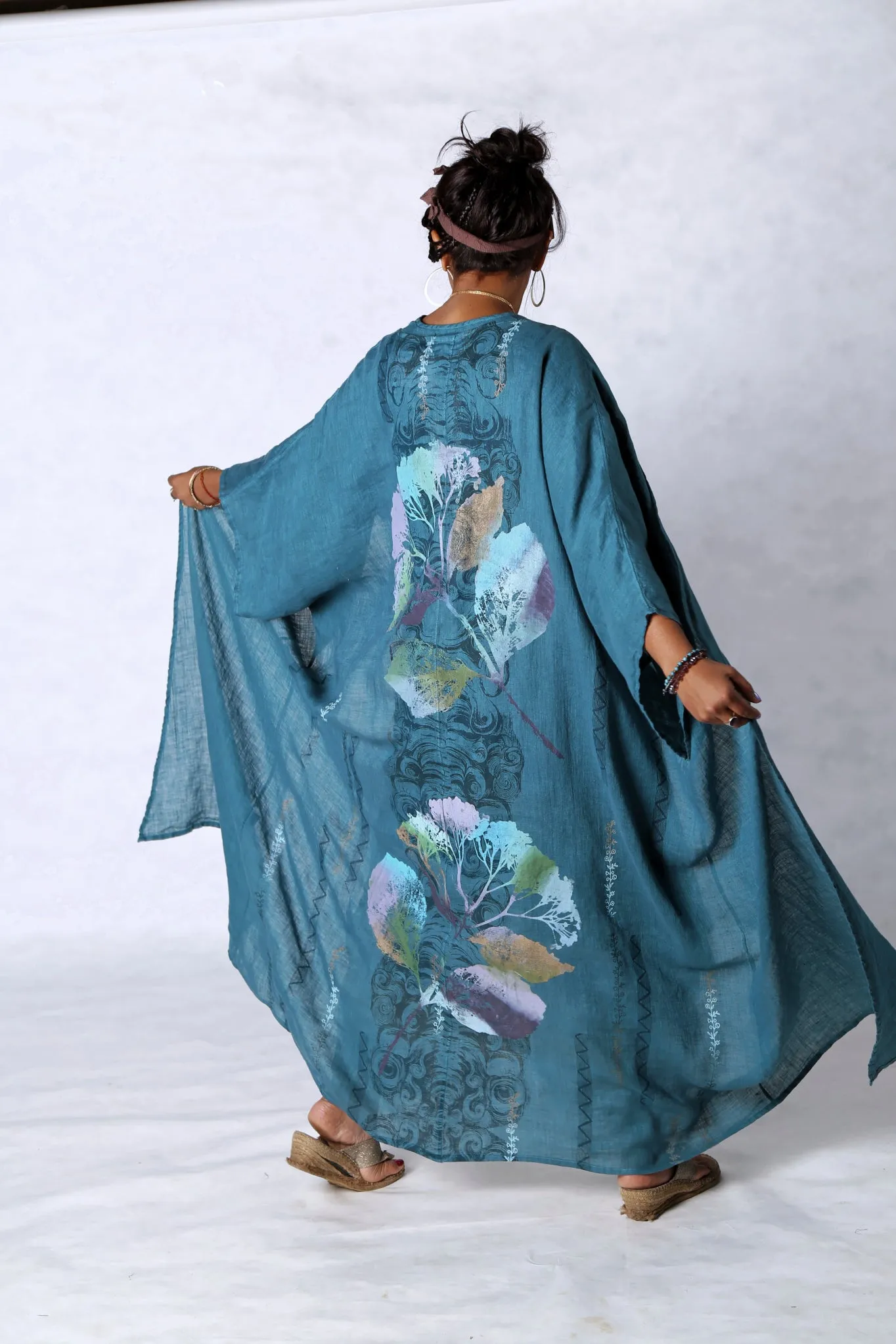 5267 Long Kimono Duster-Teal-Painted Pastel Floral