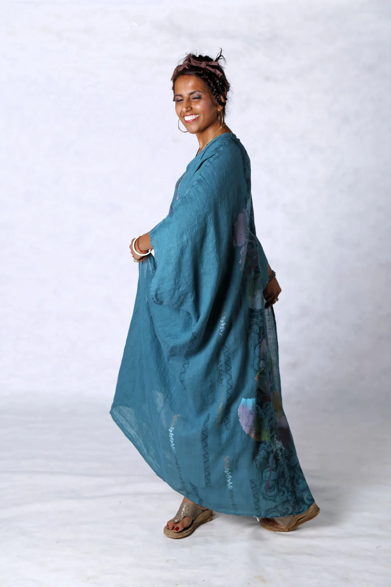 5267 Long Kimono Duster-Teal-Painted Pastel Floral
