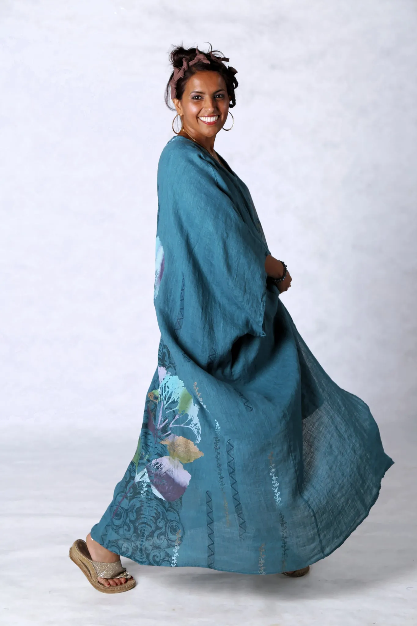 5267 Long Kimono Duster-Teal-Painted Pastel Floral