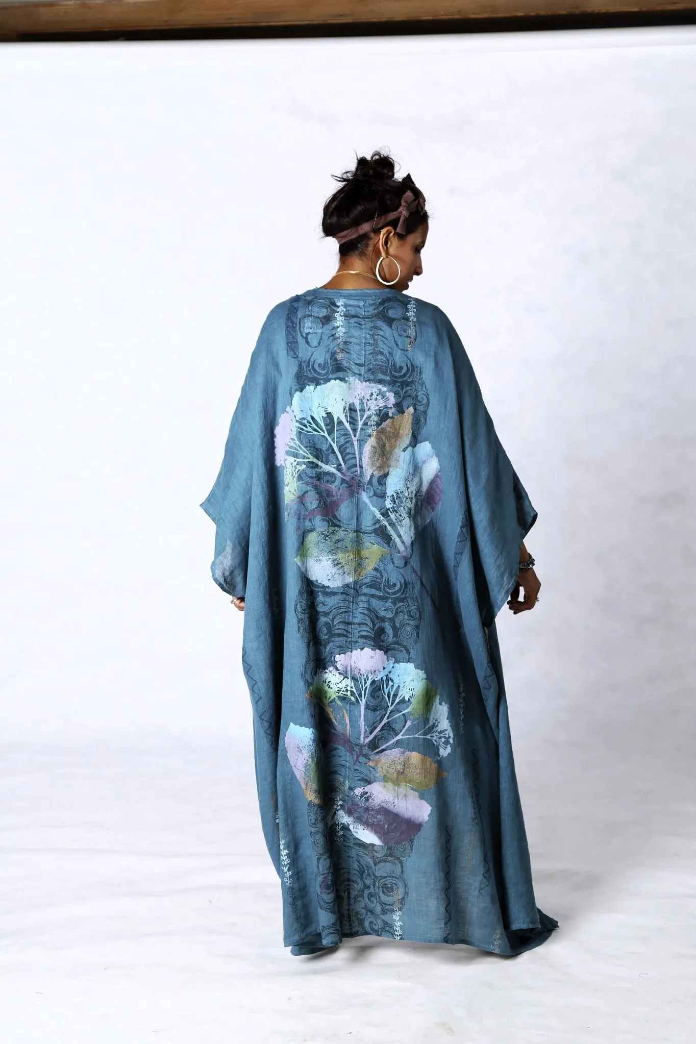 5267 Long Kimono Duster-Teal-Painted Pastel Floral