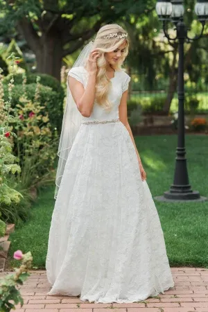 A-line Lace Modest Wedding Dress with Beaded Belt
