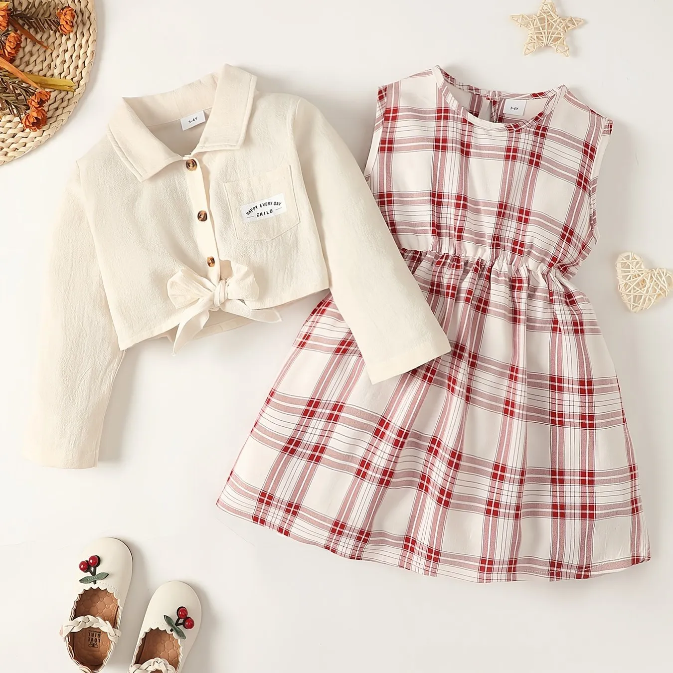 Adorable Long Sleeve Shirt Top & Plaid Dress Set