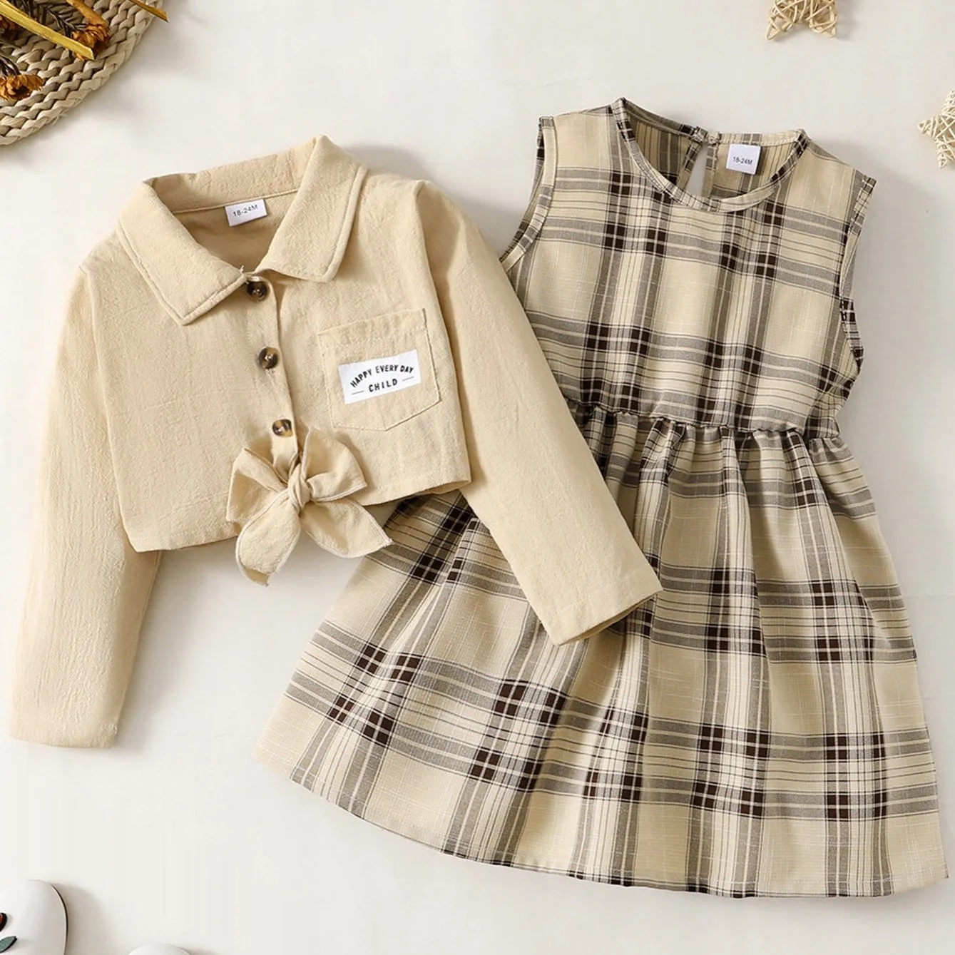 Adorable Long Sleeve Shirt Top & Plaid Dress Set