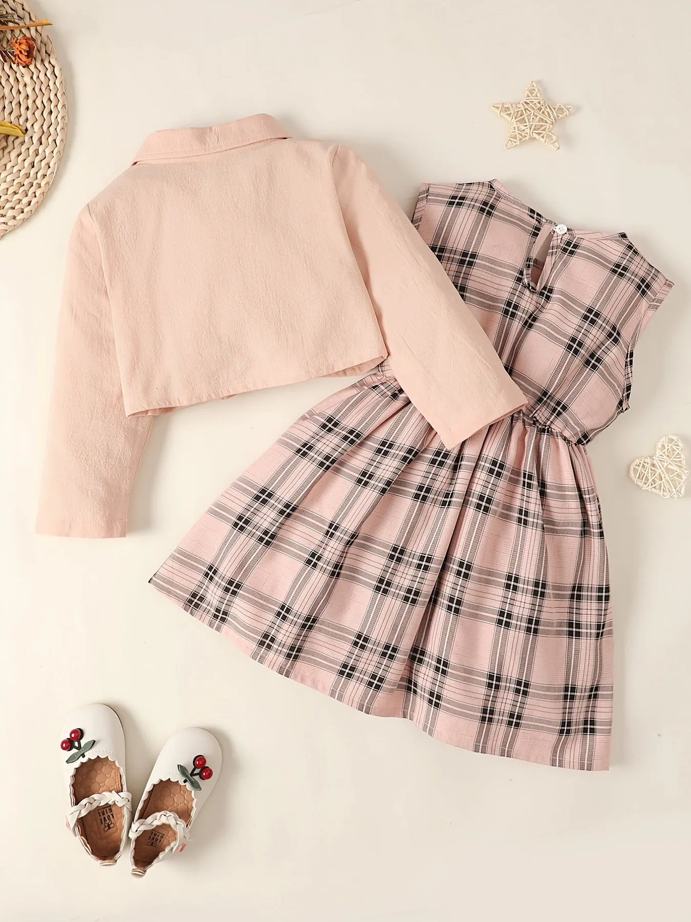 Adorable Long Sleeve Shirt Top & Plaid Dress Set