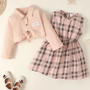 Adorable Long Sleeve Shirt Top & Plaid Dress Set