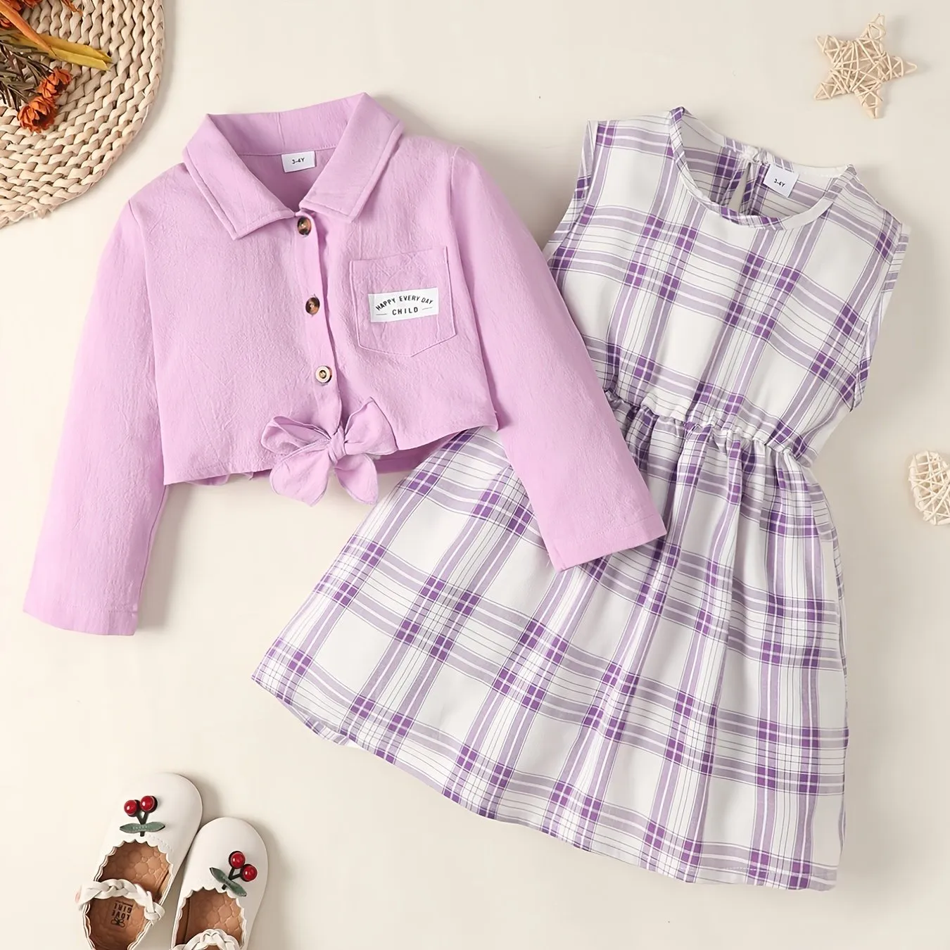 Adorable Long Sleeve Shirt Top & Plaid Dress Set