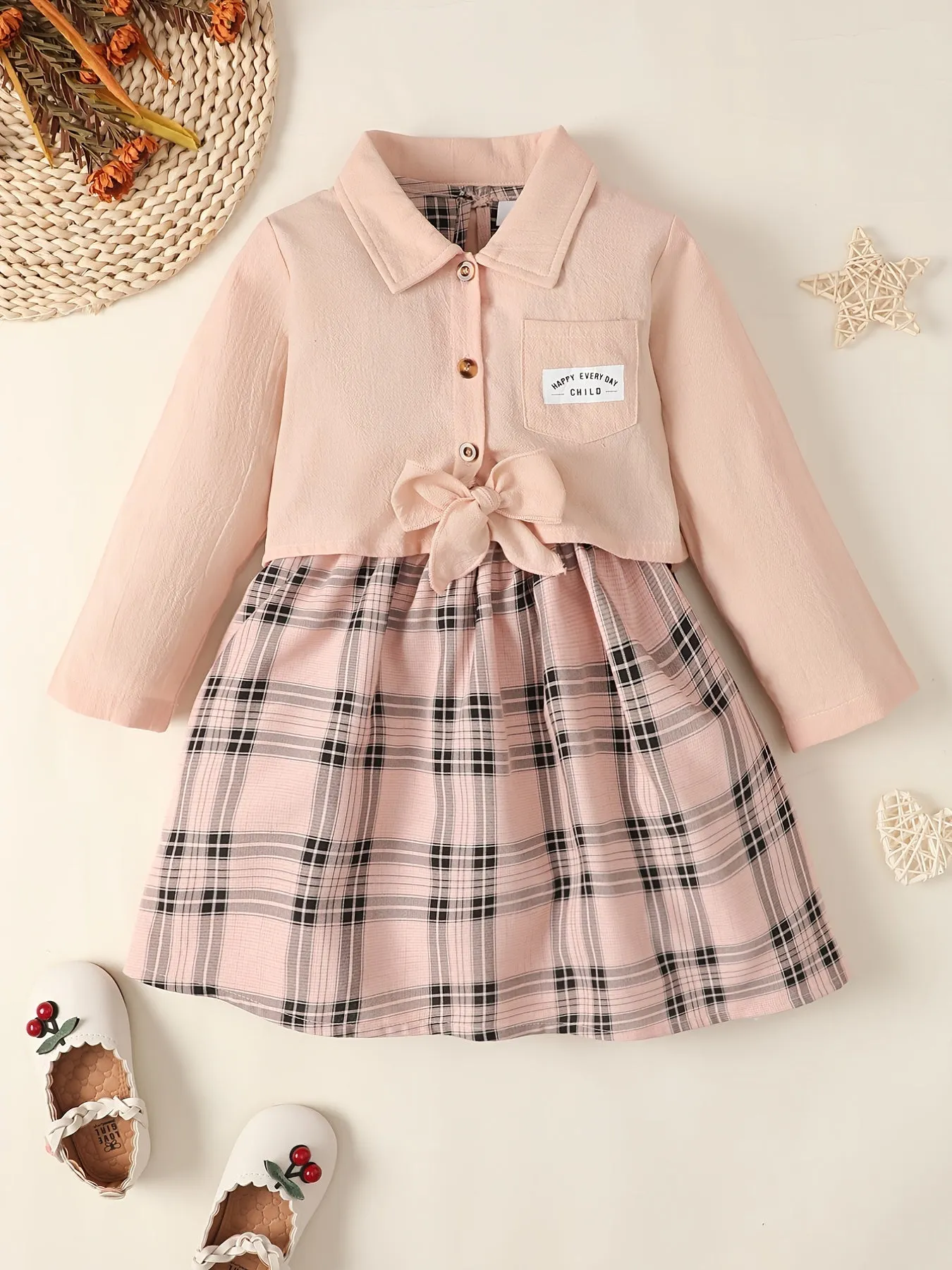 Adorable Long Sleeve Shirt Top & Plaid Dress Set