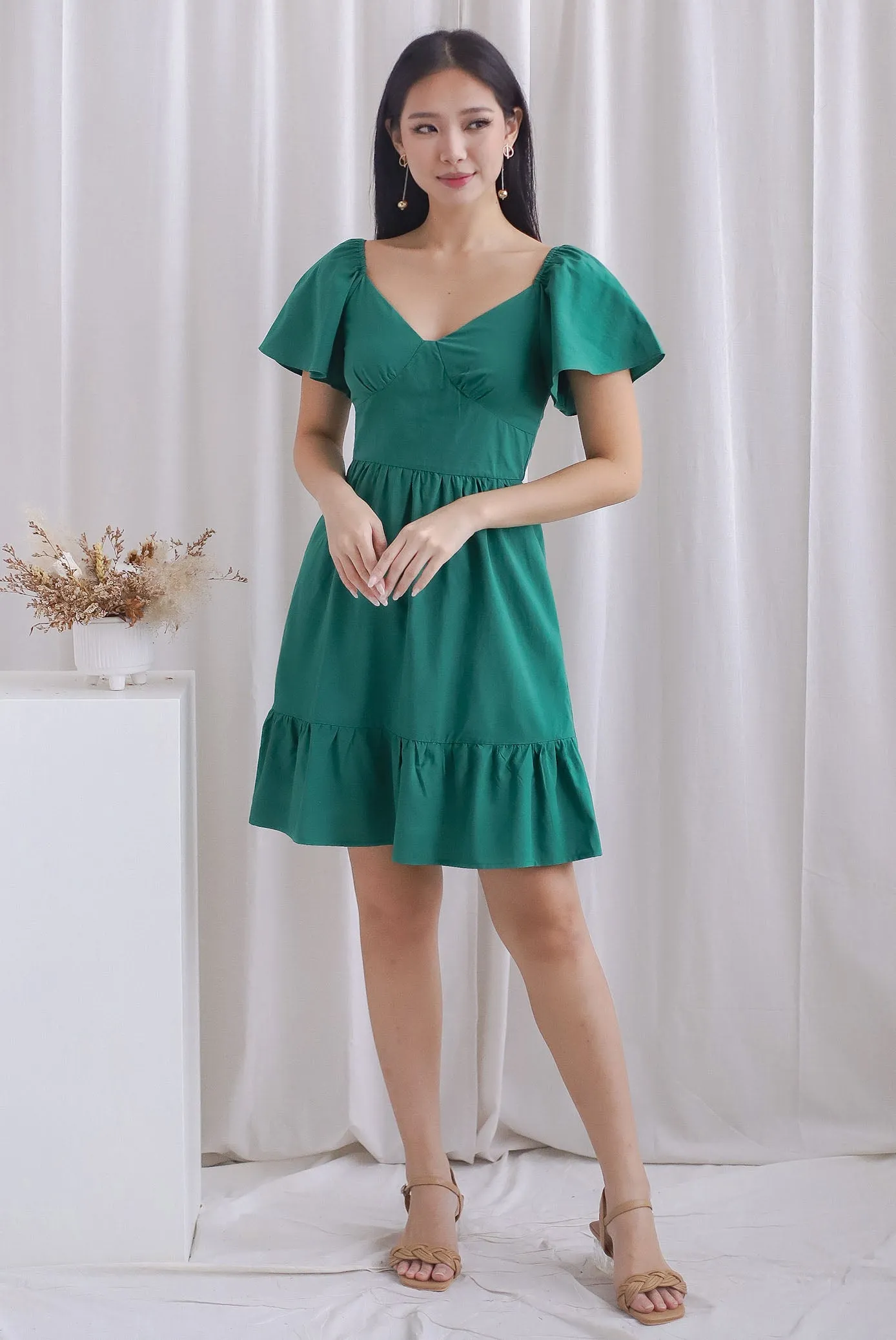 Aenor Bustier Sleeved Ruffle Romper Dress In Green