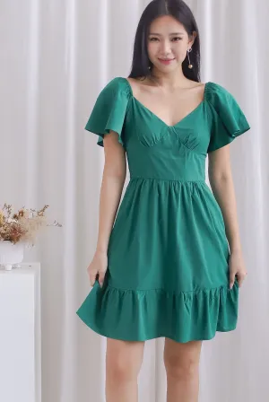Aenor Bustier Sleeved Ruffle Romper Dress In Green