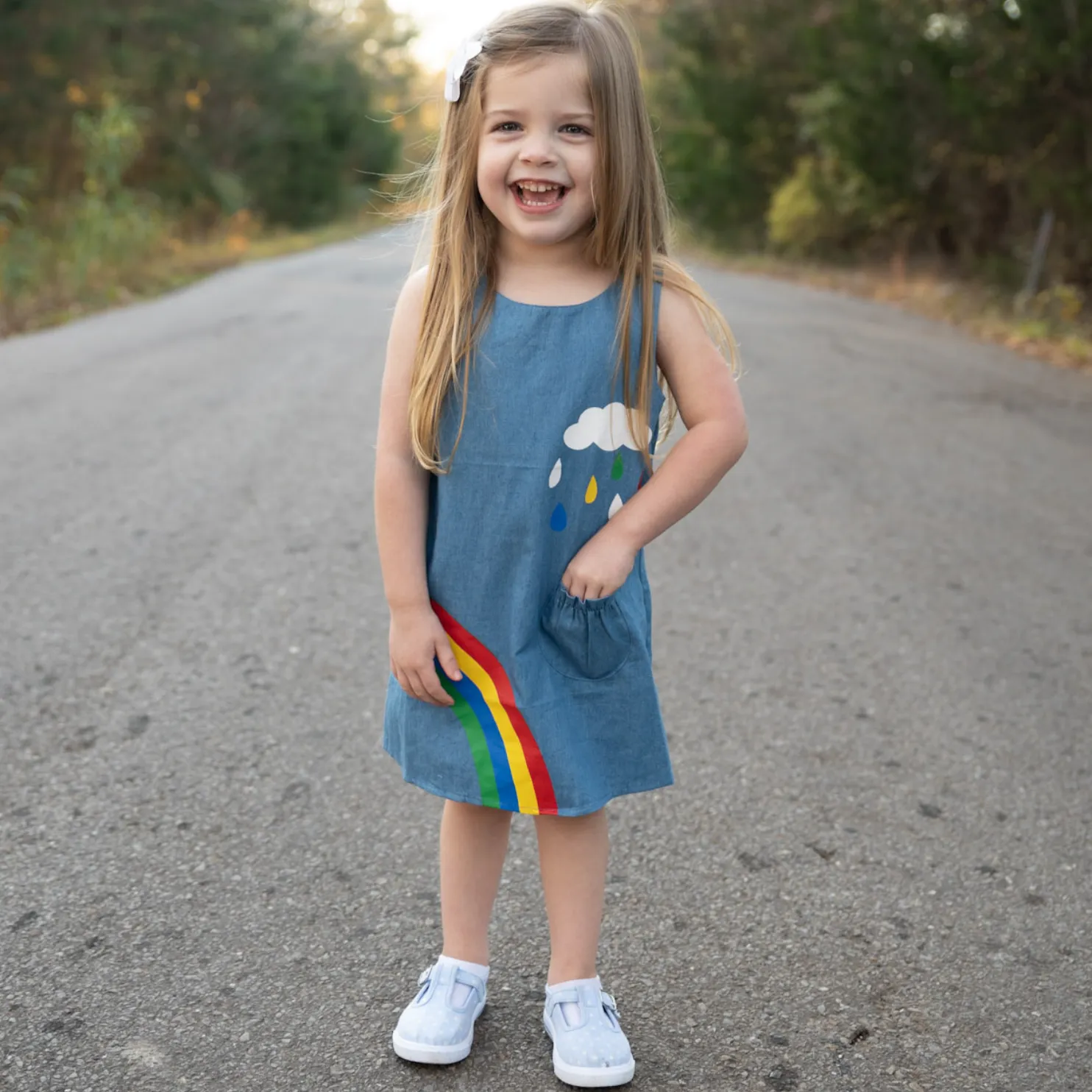 AL Limited Girls Blue Chambray Rainbow Coverall Dress