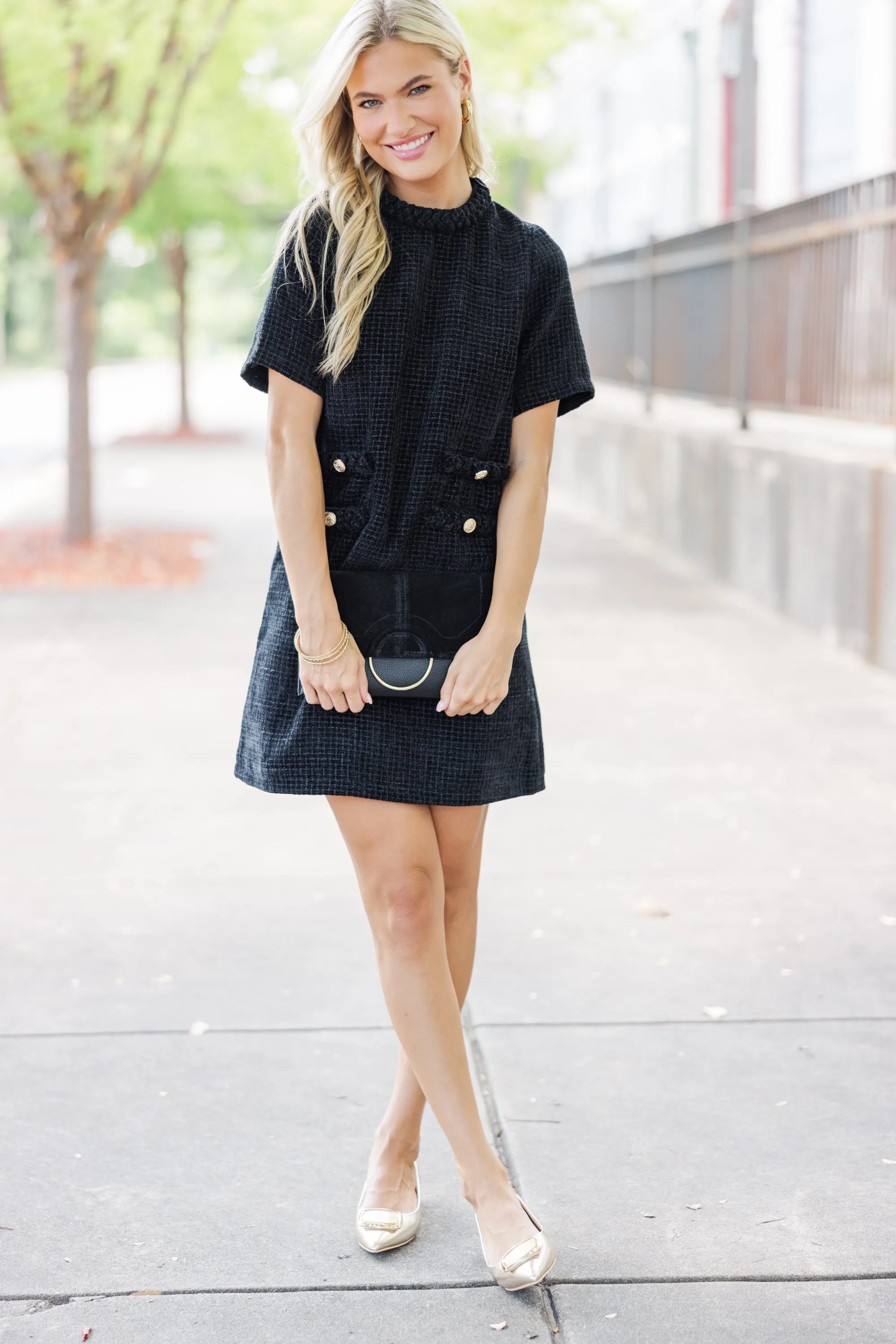 Ask You Out Black Tweed Shift Dress