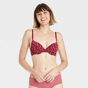Auden Floral Print Everyday Cotton Demi Lightly Lined T-Shirt Bra Berry Red 38C