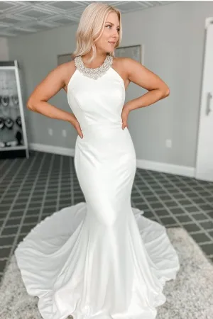 Backless Beaded Halter Bridal Dress with Mermaid Train