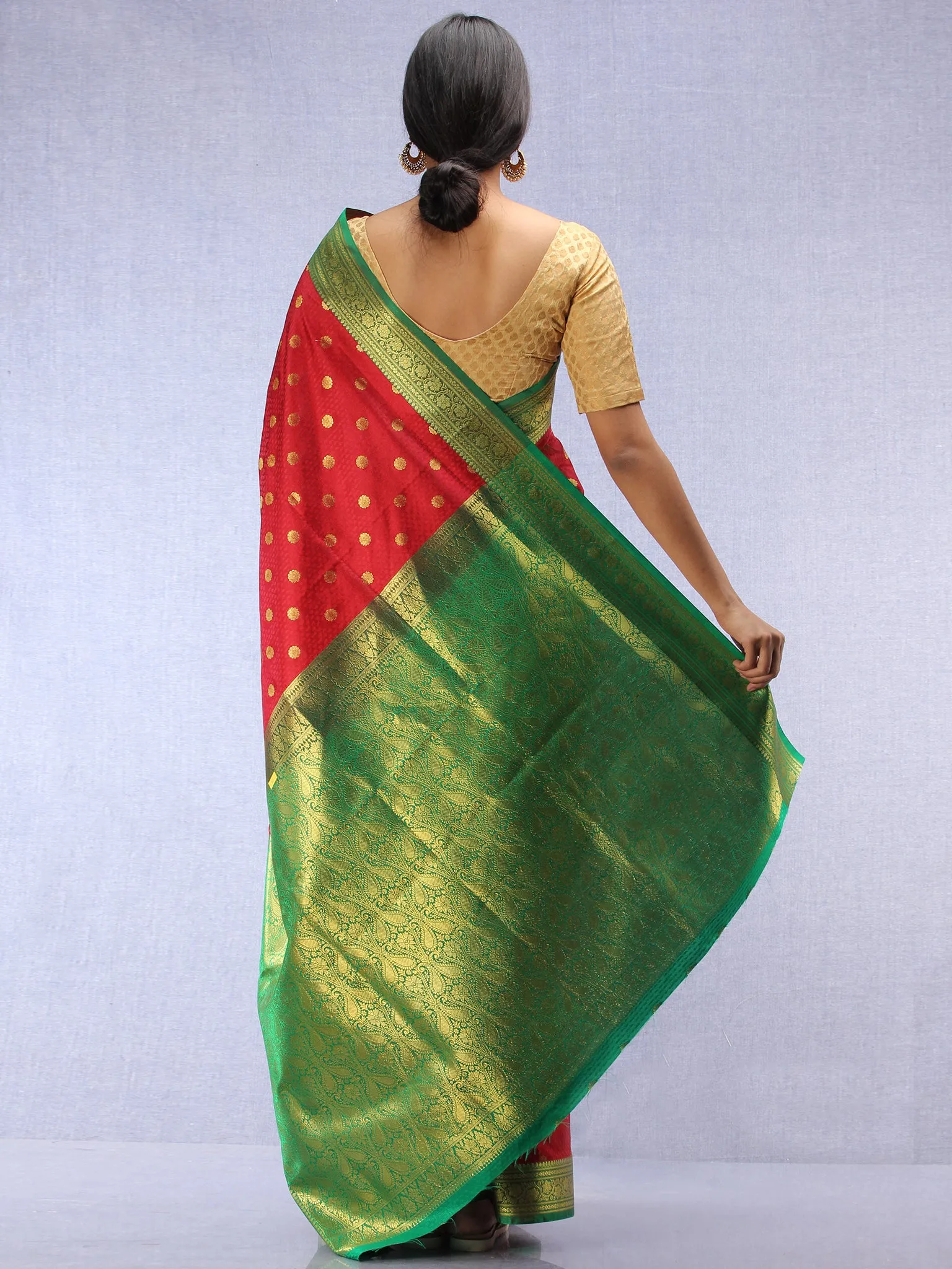 Banarasee Art Silk Self Weave Saree With Zari Work - Red Green & Gold - S031704432