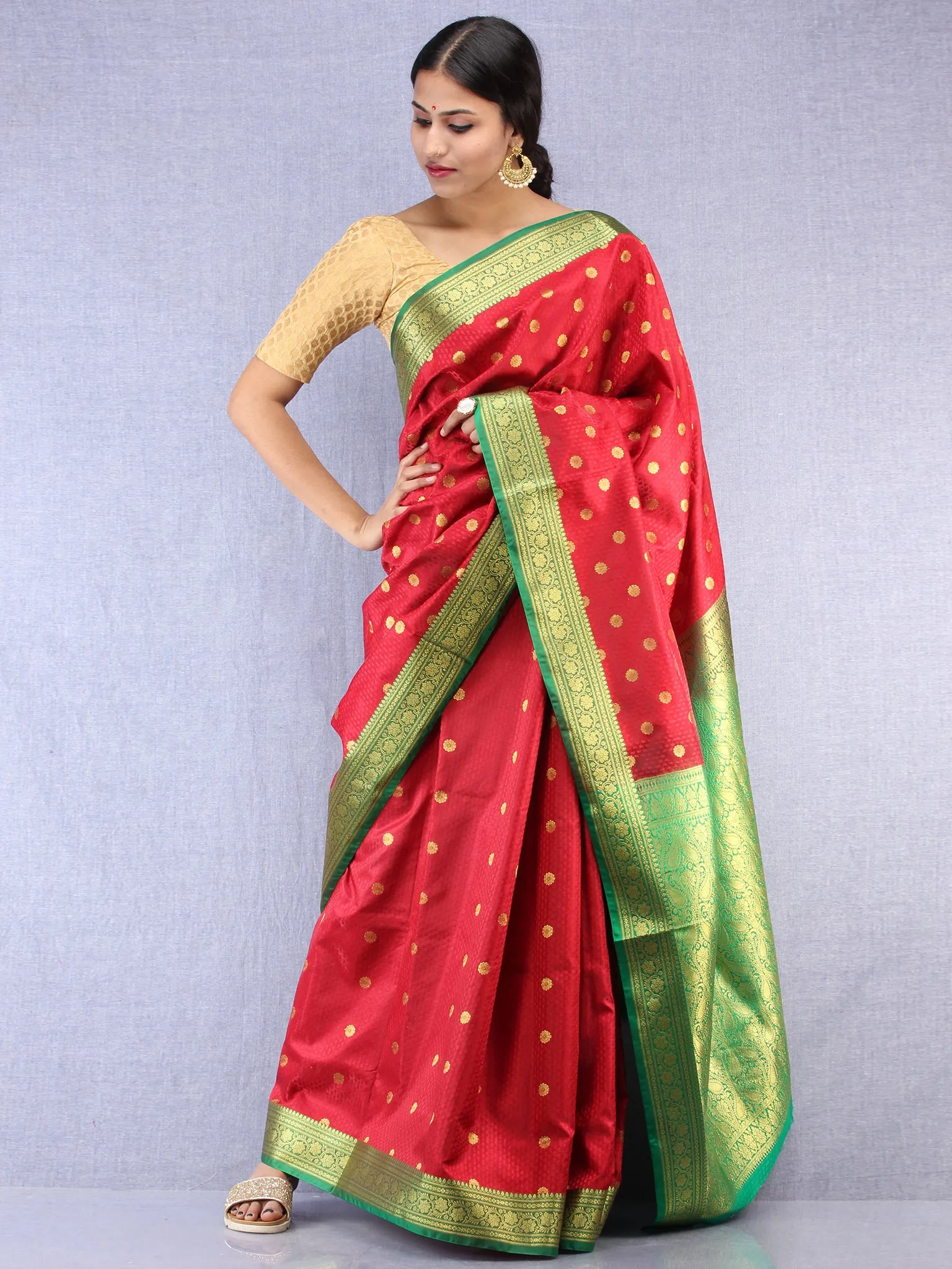 Banarasee Art Silk Self Weave Saree With Zari Work - Red Green & Gold - S031704432