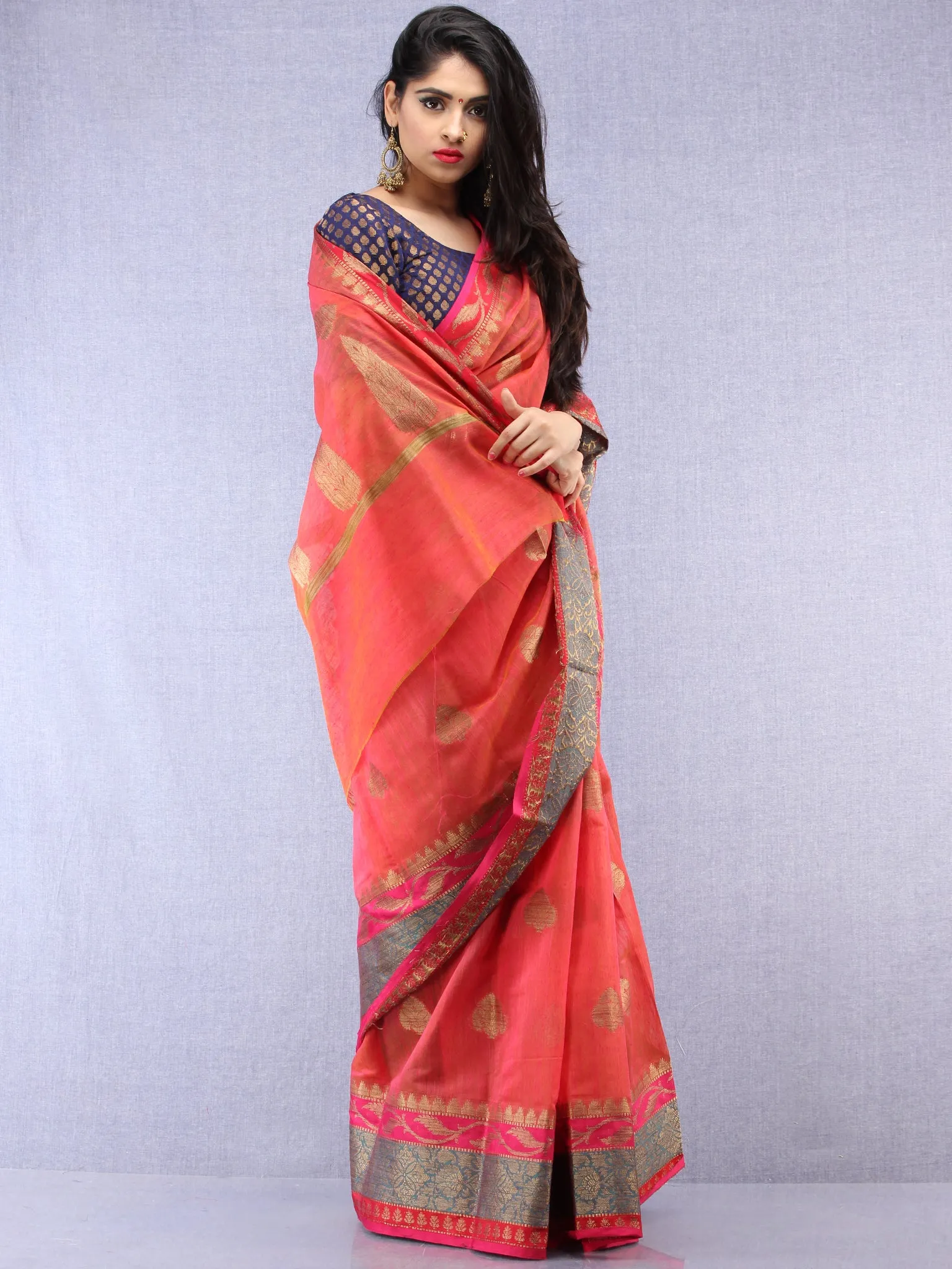 Banarasee Silk Saree With Zari Work - Coral Pink  Blue & Gold - S031704437