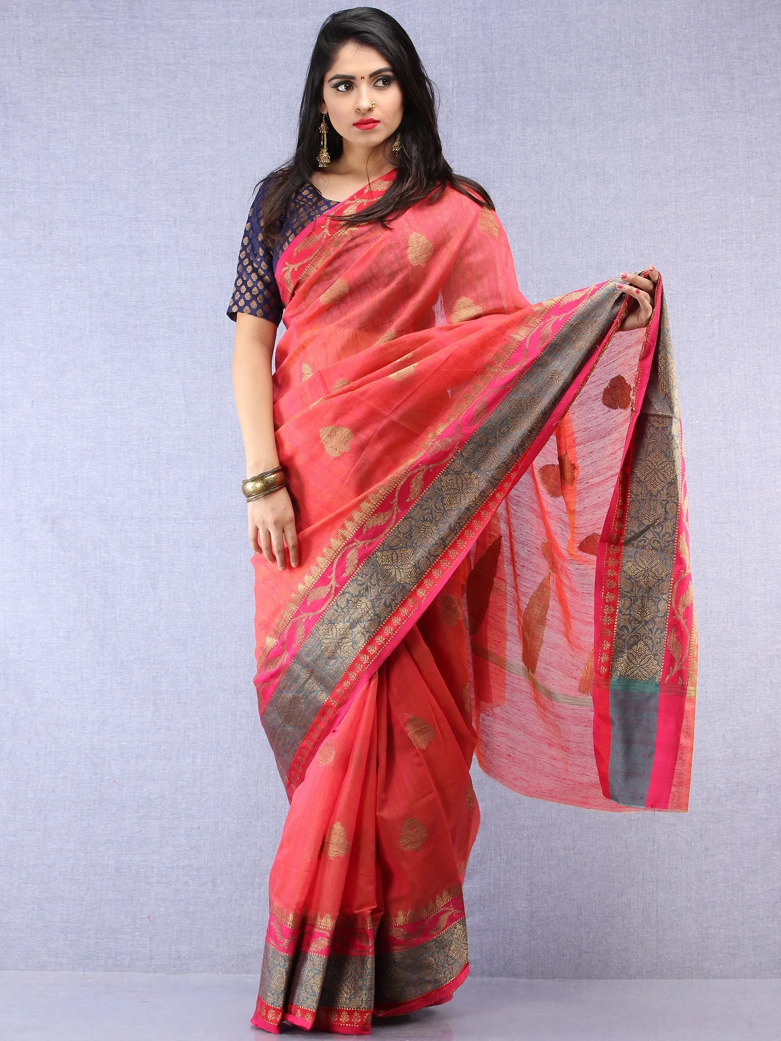 Banarasee Silk Saree With Zari Work - Coral Pink  Blue & Gold - S031704437
