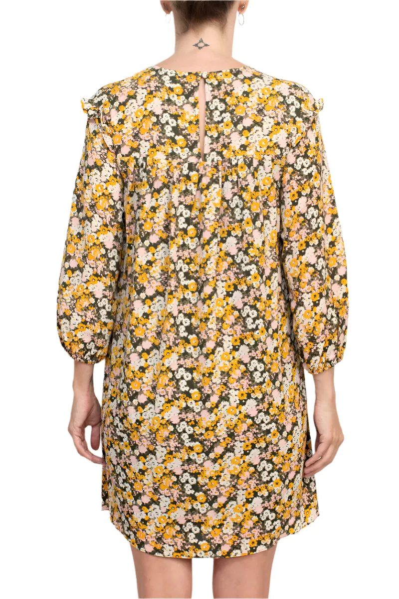 BCBGENERATION Crew Neck Ruffled Pleated Neck Elastic Cuff Button Closure Keyhole Back Shift Crepe Dress