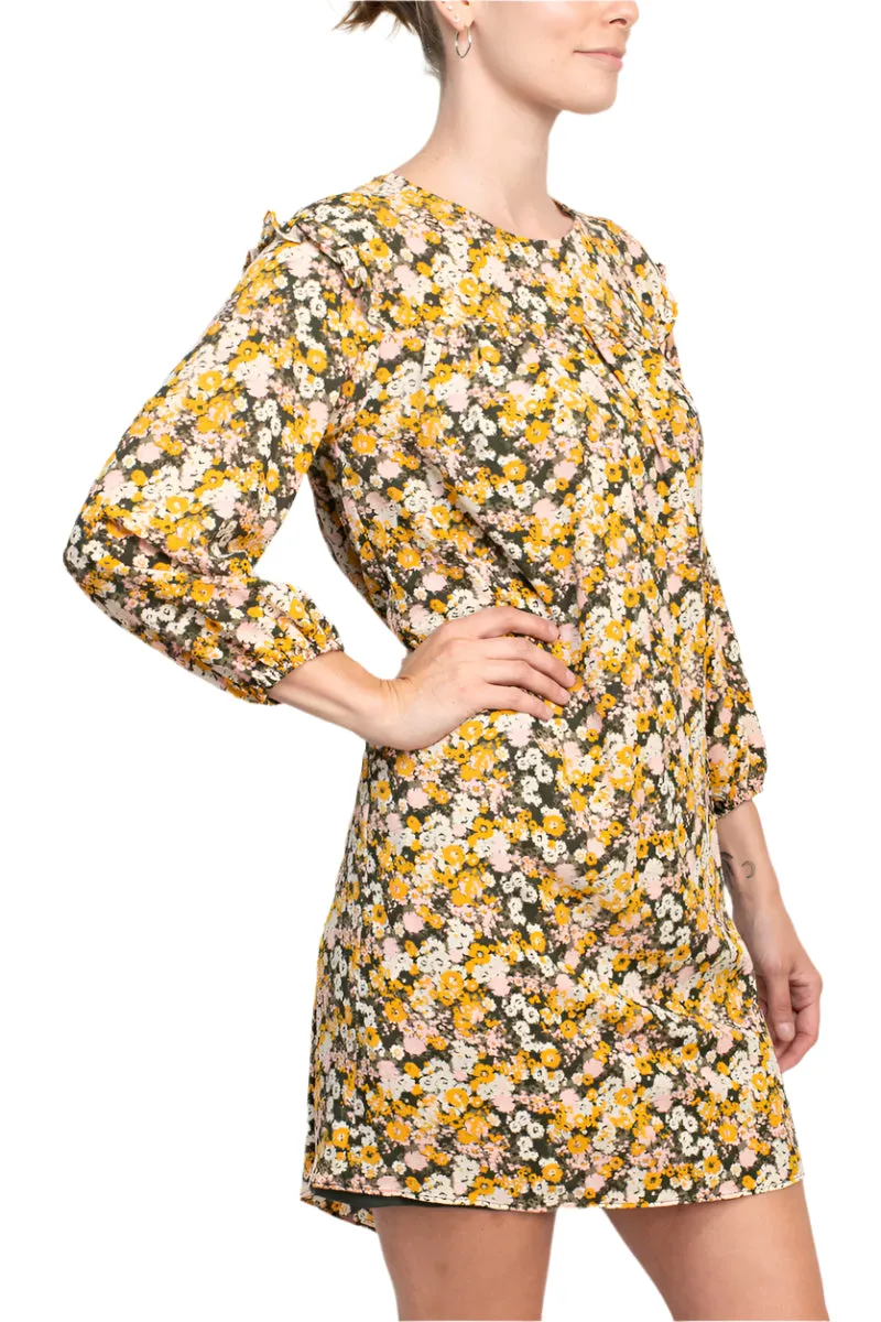 BCBGENERATION Crew Neck Ruffled Pleated Neck Elastic Cuff Button Closure Keyhole Back Shift Crepe Dress