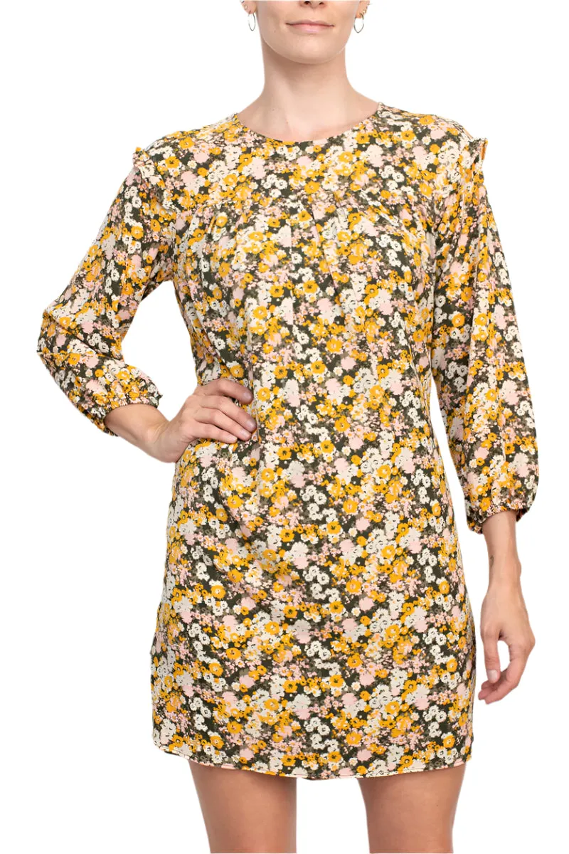 BCBGENERATION Crew Neck Ruffled Pleated Neck Elastic Cuff Button Closure Keyhole Back Shift Crepe Dress