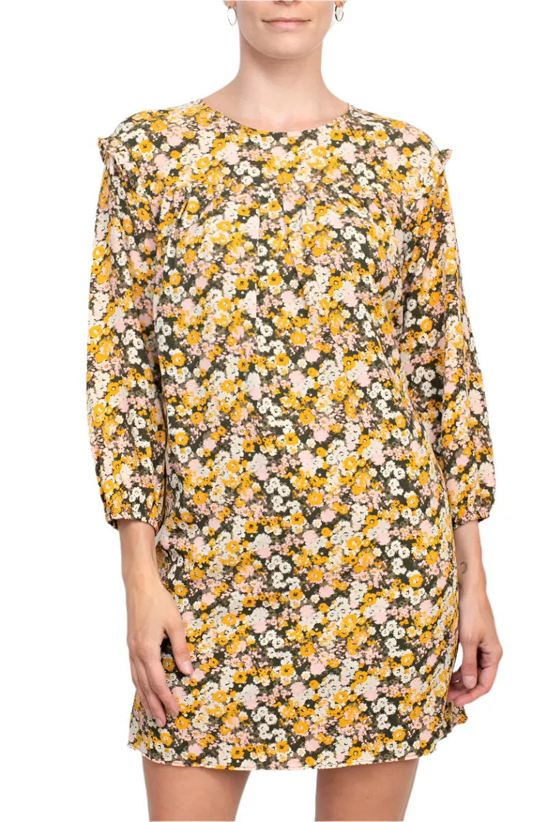 BCBGENERATION Crew Neck Ruffled Pleated Neck Elastic Cuff Button Closure Keyhole Back Shift Crepe Dress
