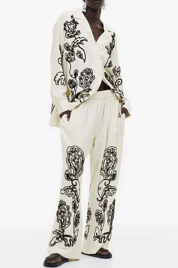Bella Linen Blend Embroidered Floral Print Long Sleeve Loose Shirt and Elastic Waist Pocket Pants Set