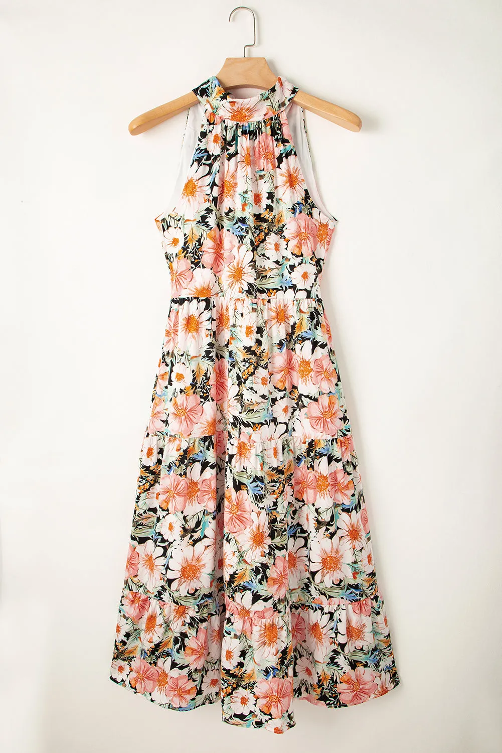 Black Boho Floral Print Knotted Halter Ruffled Maxi Dress