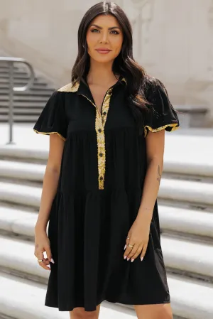 Black Glistening Easter Egg Sequin Trim Half Button Puff Sleeve Dress