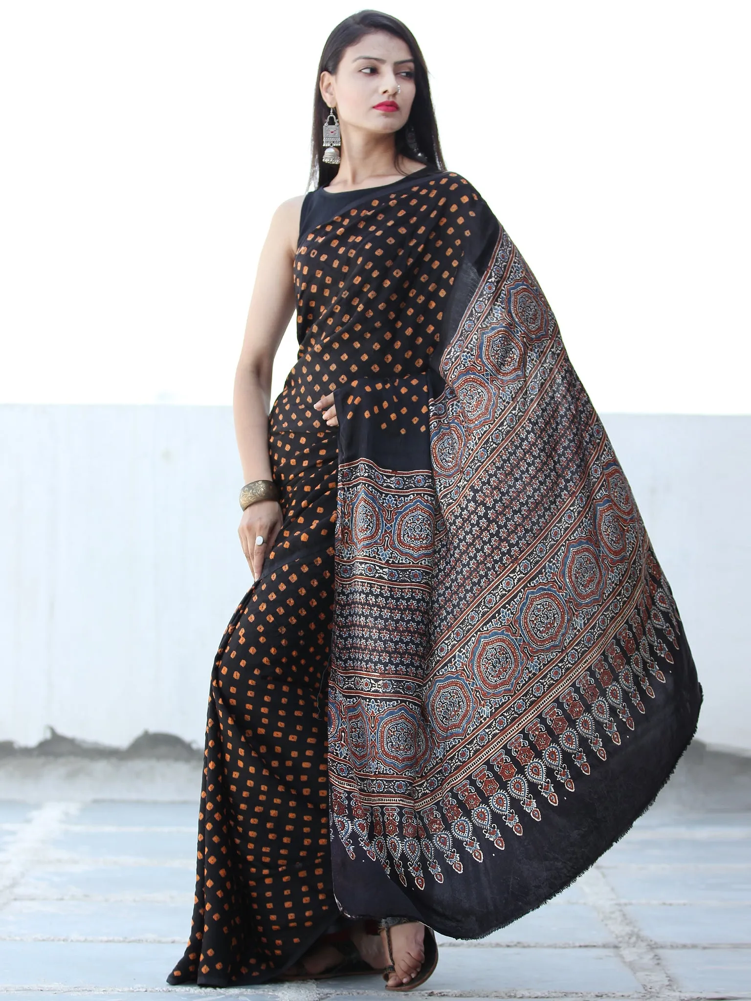 Black Mustard Indigo Maroon Bandhej Modal Silk Saree With Ajrakh Printed Pallu & Blouse - S031703883
