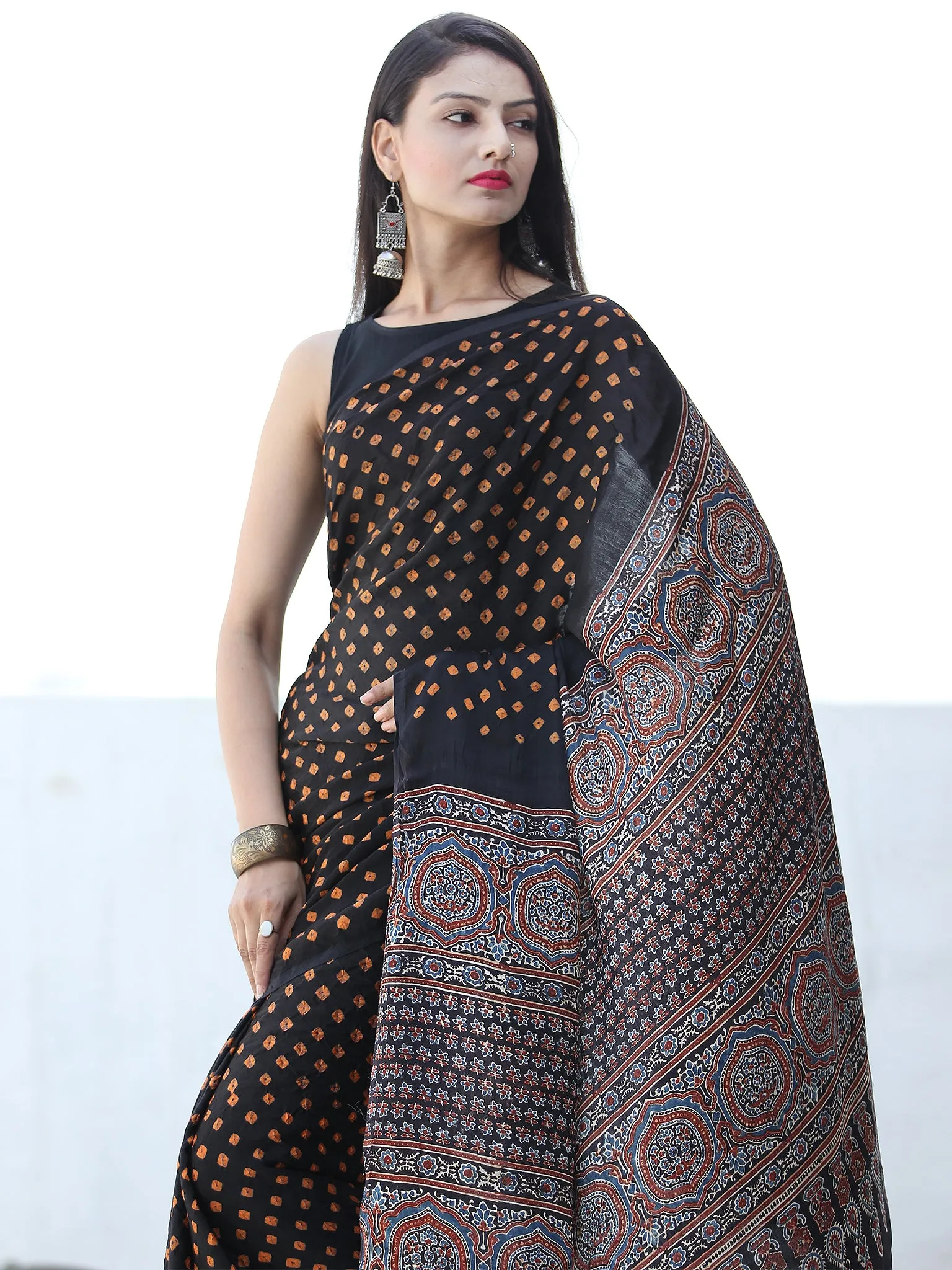 Black Mustard Indigo Maroon Bandhej Modal Silk Saree With Ajrakh Printed Pallu & Blouse - S031703883