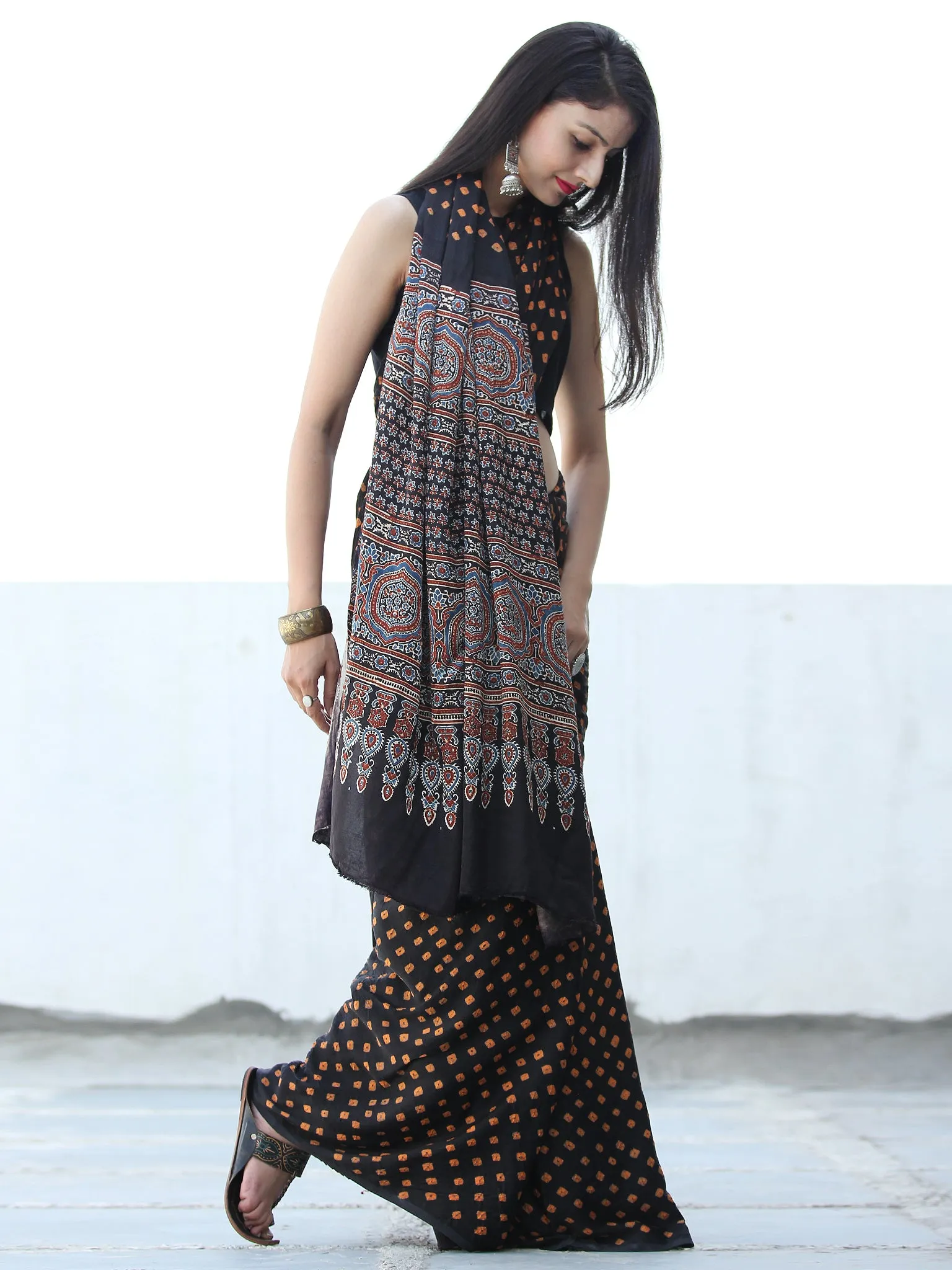 Black Mustard Indigo Maroon Bandhej Modal Silk Saree With Ajrakh Printed Pallu & Blouse - S031703883