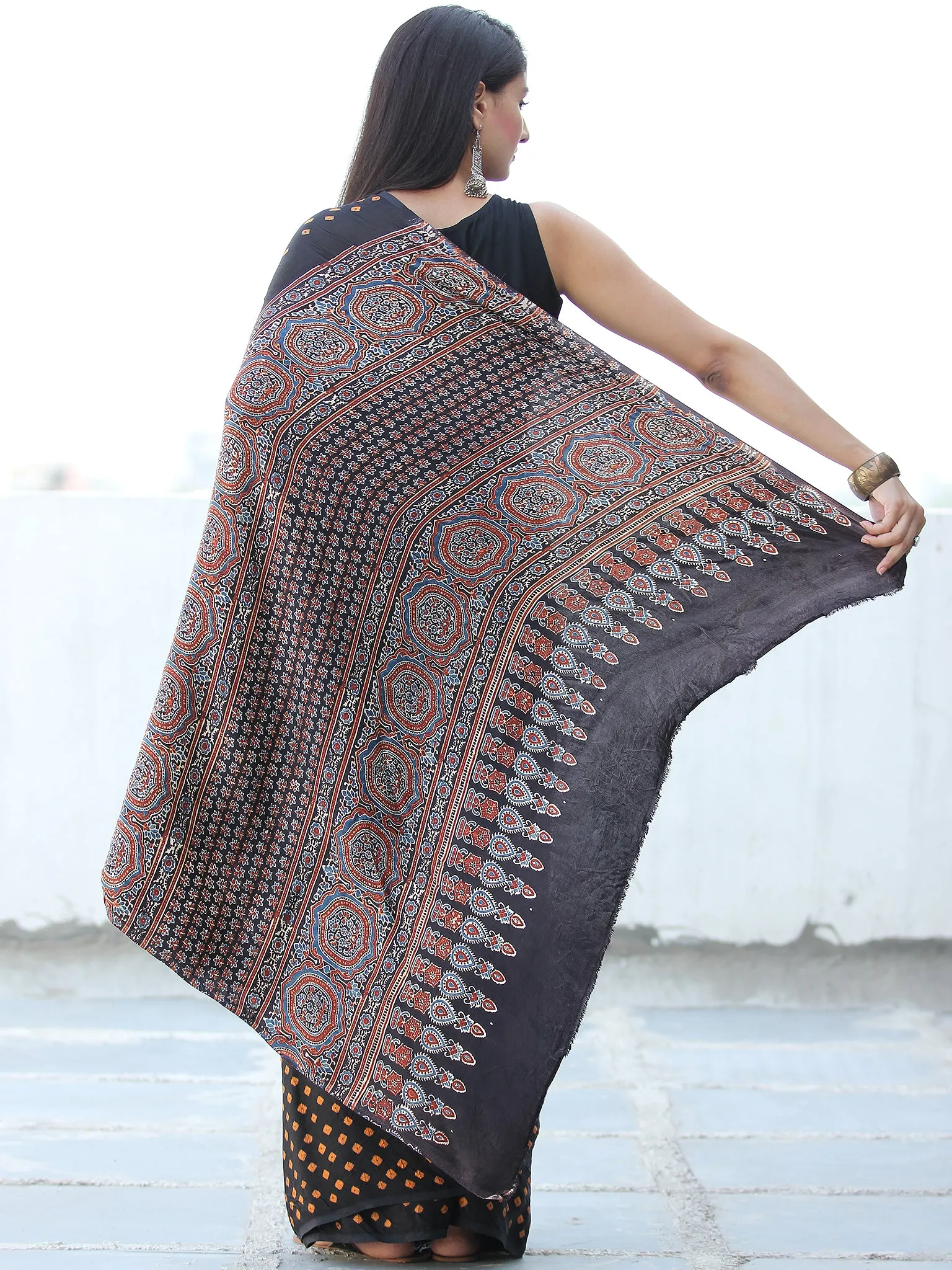 Black Mustard Indigo Maroon Bandhej Modal Silk Saree With Ajrakh Printed Pallu & Blouse - S031703883