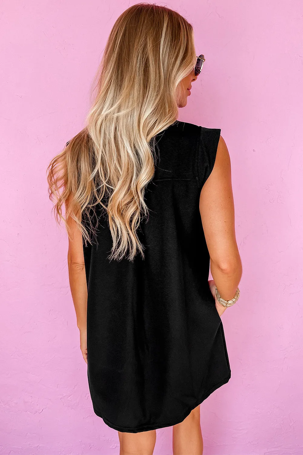 Black Sequin Bunny Doll Graphic Collared Sleeveless Mini Dress