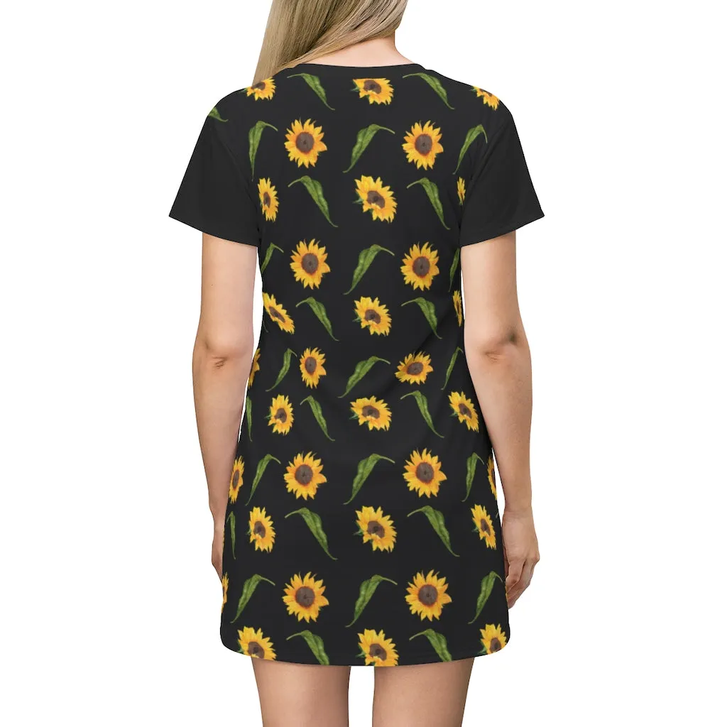 Black With Sunflower Print T-Shirt Dress