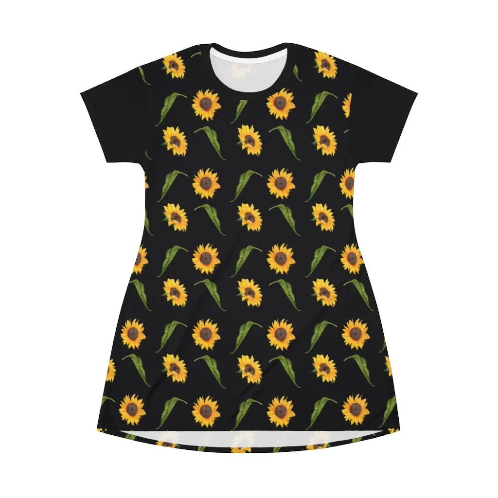 Black With Sunflower Print T-Shirt Dress
